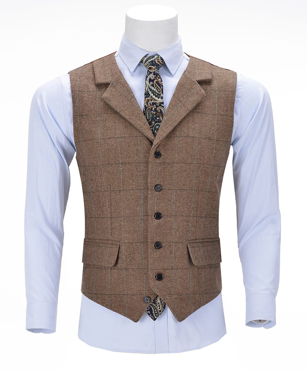 aesido Casual Men's Suit Vest Plaid Notch Lapel Waistcoat