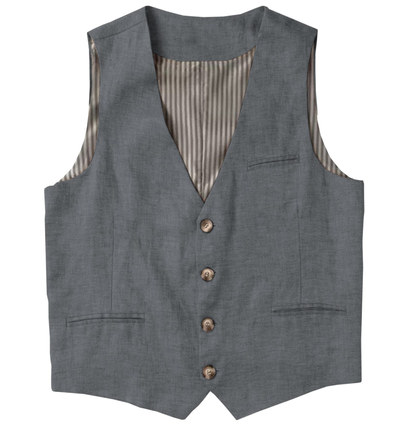 Casual Single Breasted V Neck Linen Mens Vest Grey / S Casual Single Breasted V Neck Linen Mens Vest Grey / S