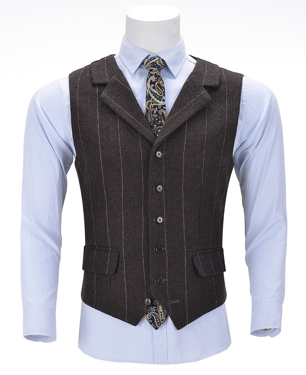aesido Coffee Casual Men's Suit Vest Plaid Notch Lapel Waistcoat