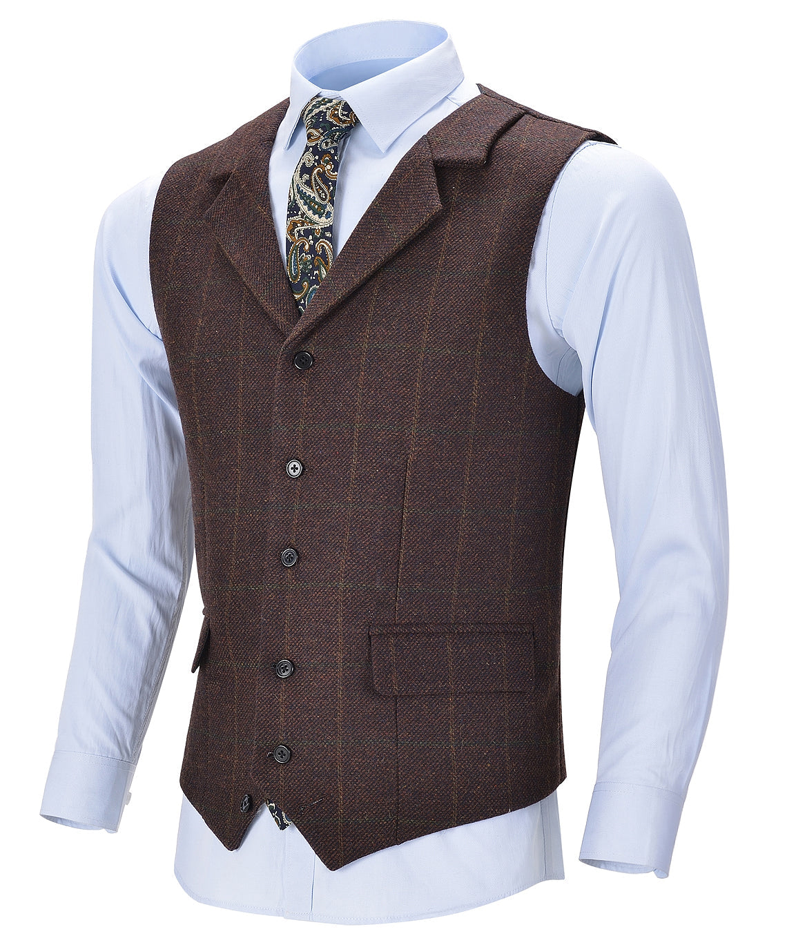 Coffee Formal Plaid Notch Lapel Waistcoat Slim Fit Suit Vest | Aesido