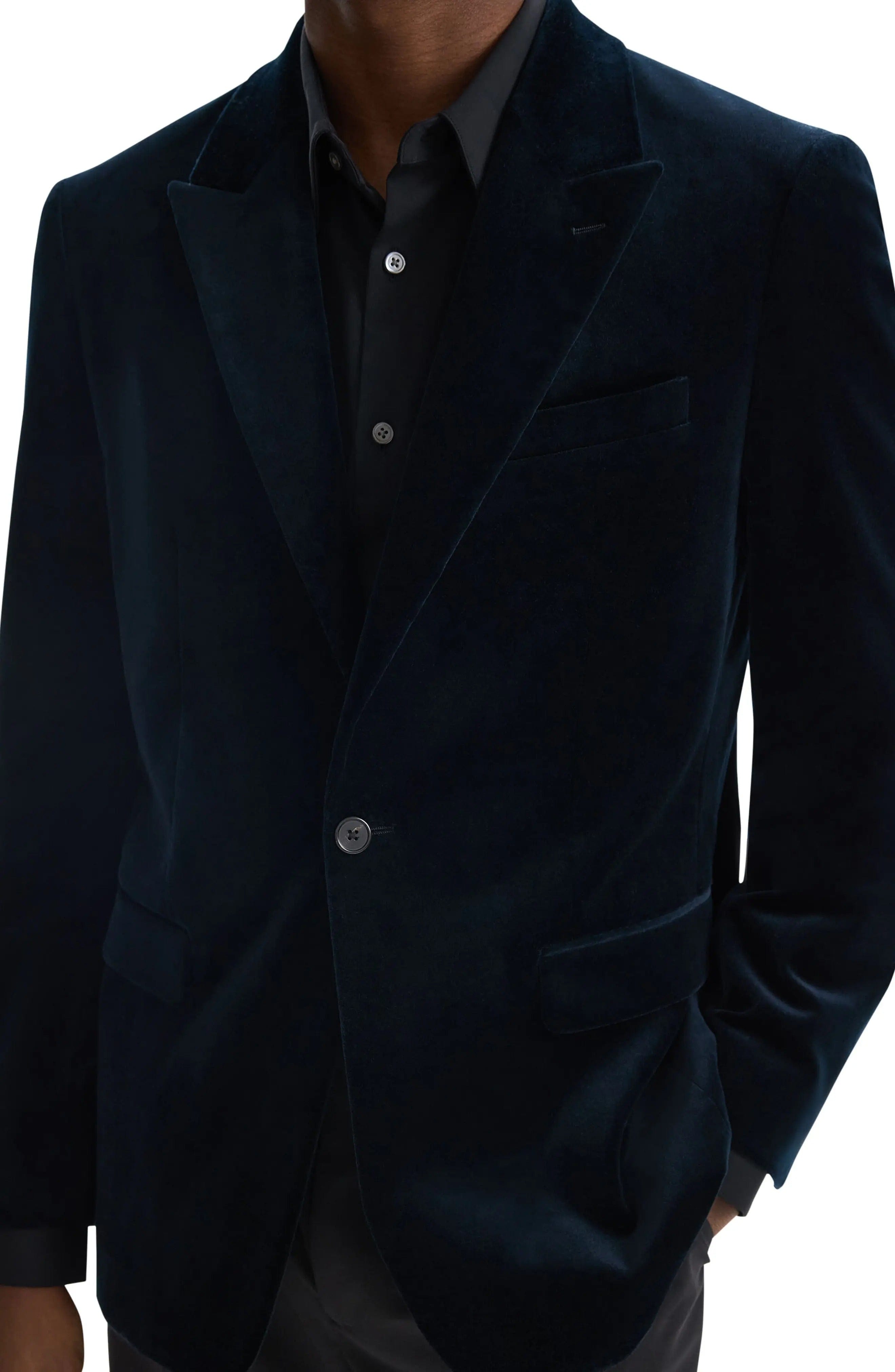 aesido Dark Blue Velvet Single Button Mens Blazer