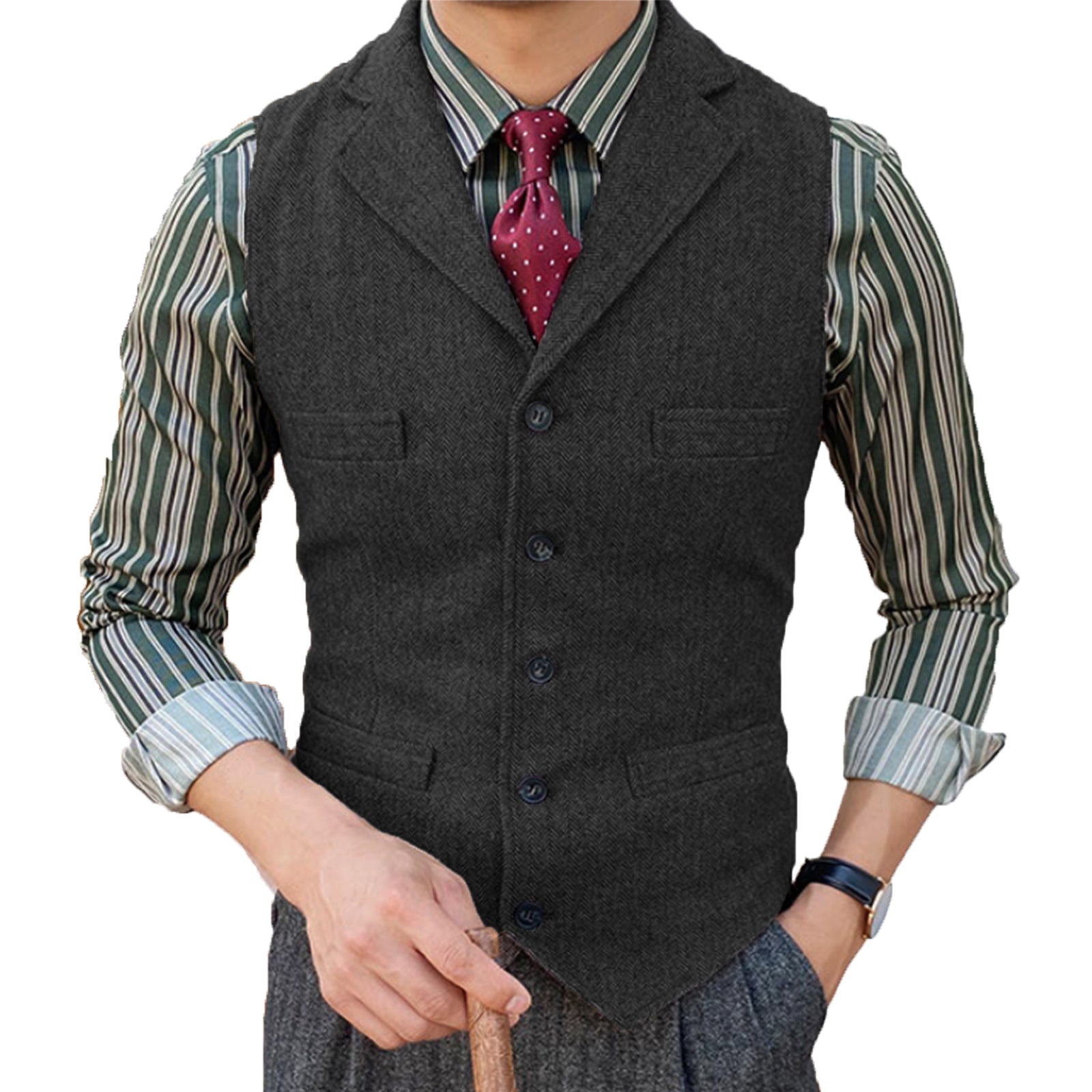 aesido Formal Men's Suit Vest Herringbone Notch Lapel Waistcoat