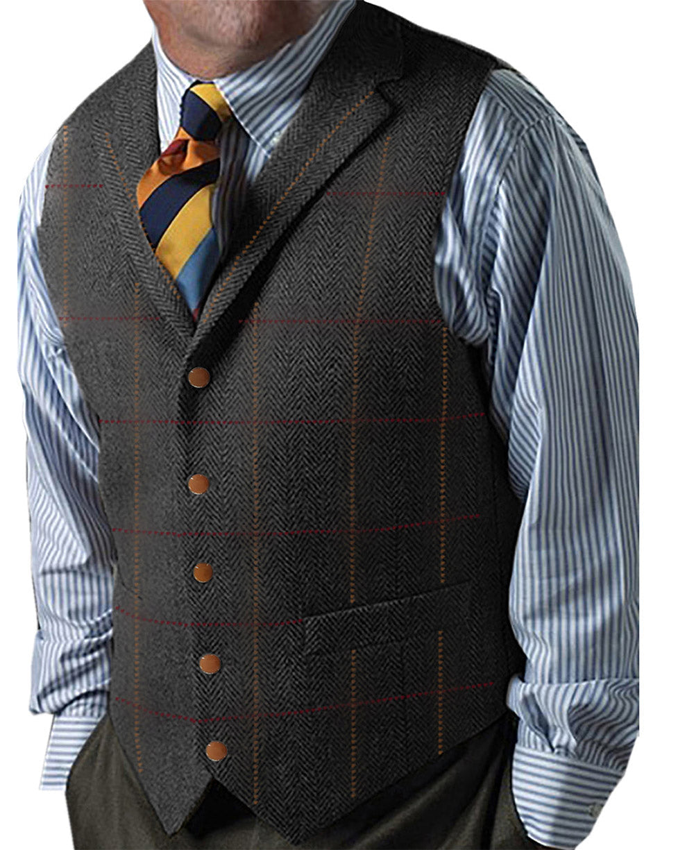 aesido Formal Men's Suit Vest Herringbone Plaid Notch Lapel Waistcoat for Wedding
