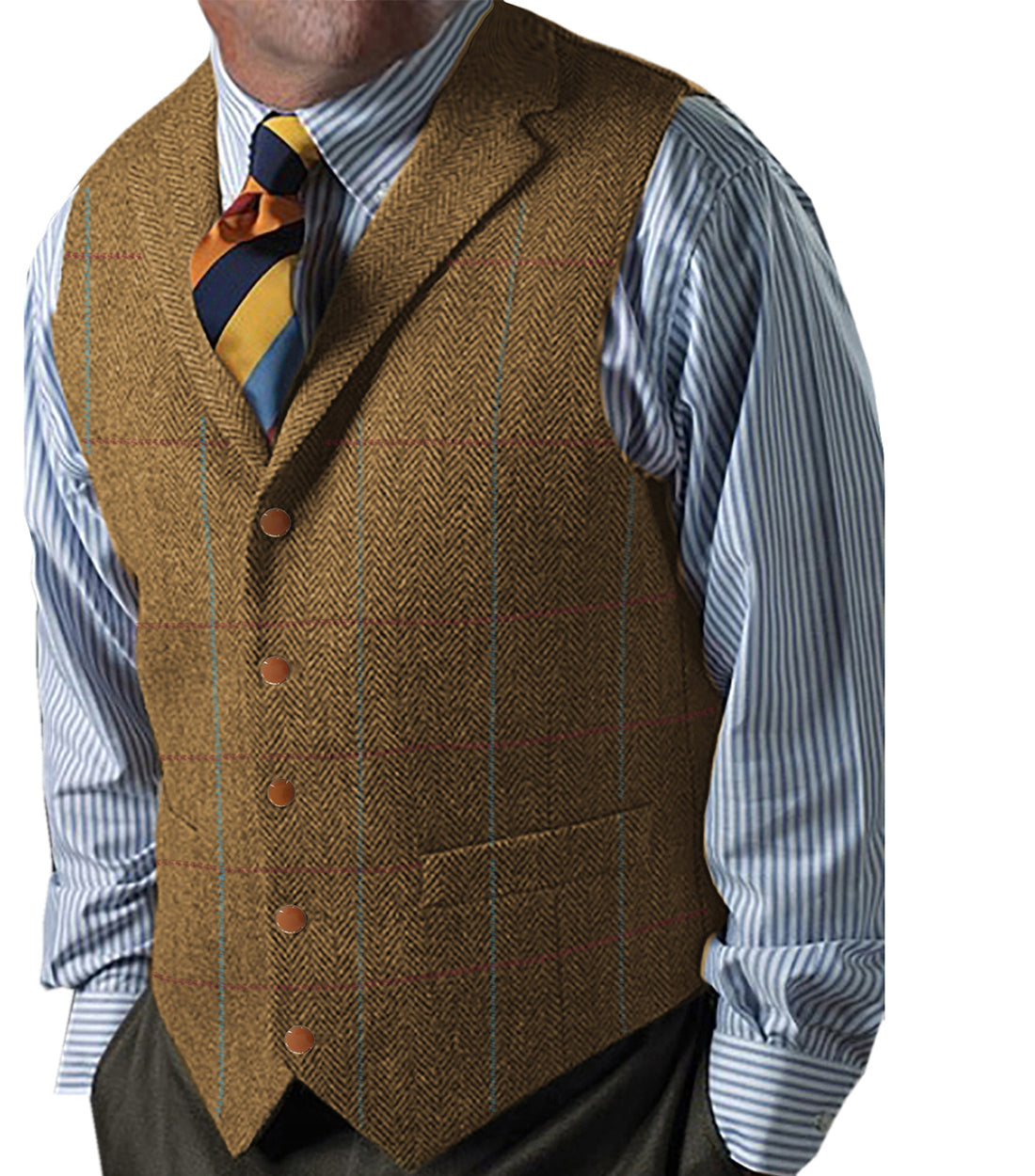 aesido Formal Men's Suit Vest Herringbone Plaid Notch Lapel Waistcoat for Wedding