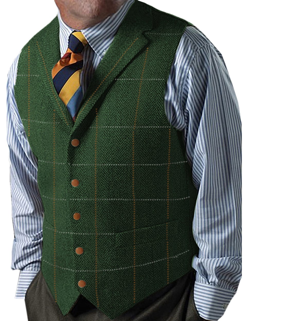 Formal Men's Suit Vest Herringbone Plaid Notch Lapel Waistcoat for