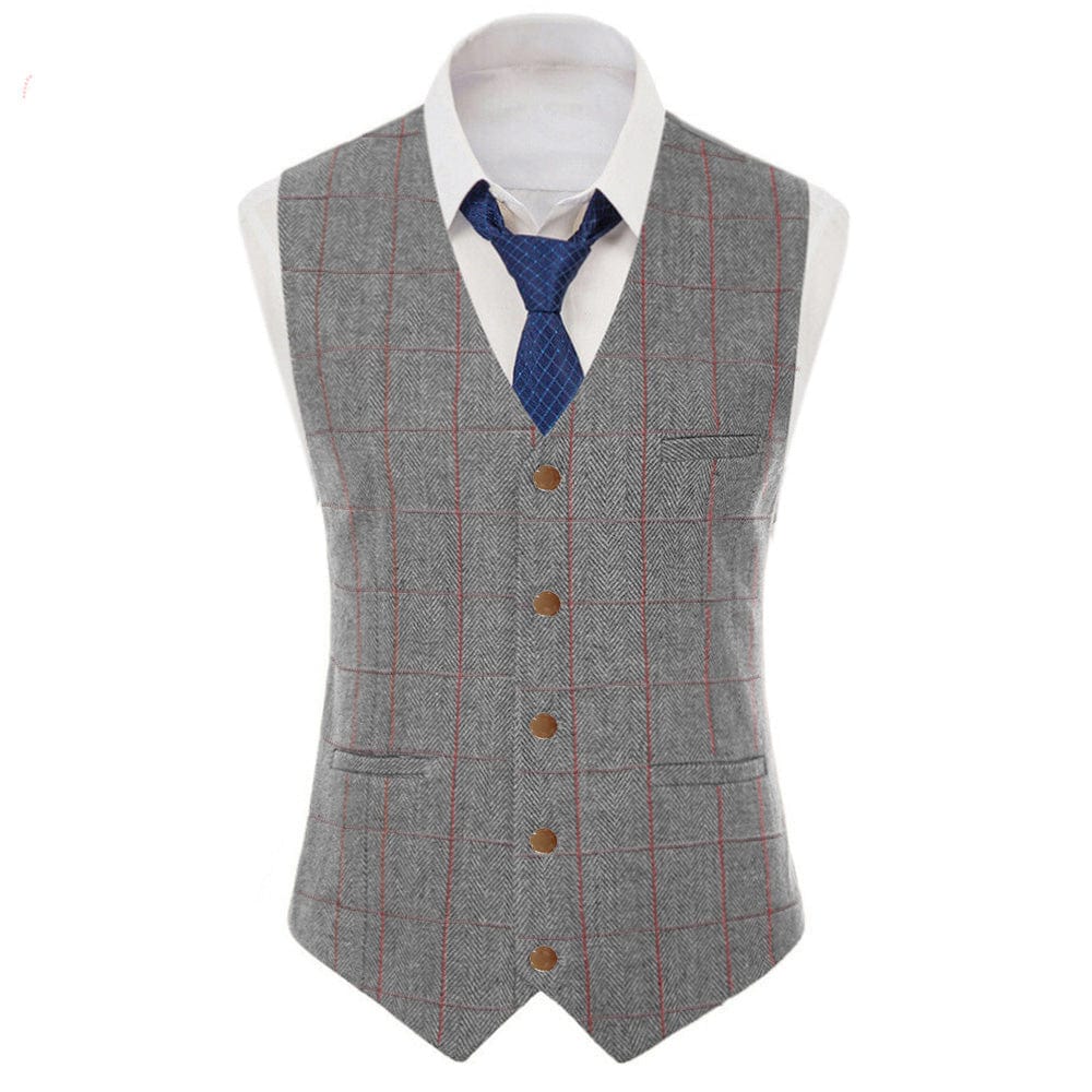 aesido Formal Men's Suit Vest Herringbone Plaid V Neck Waistcoat for Wedding