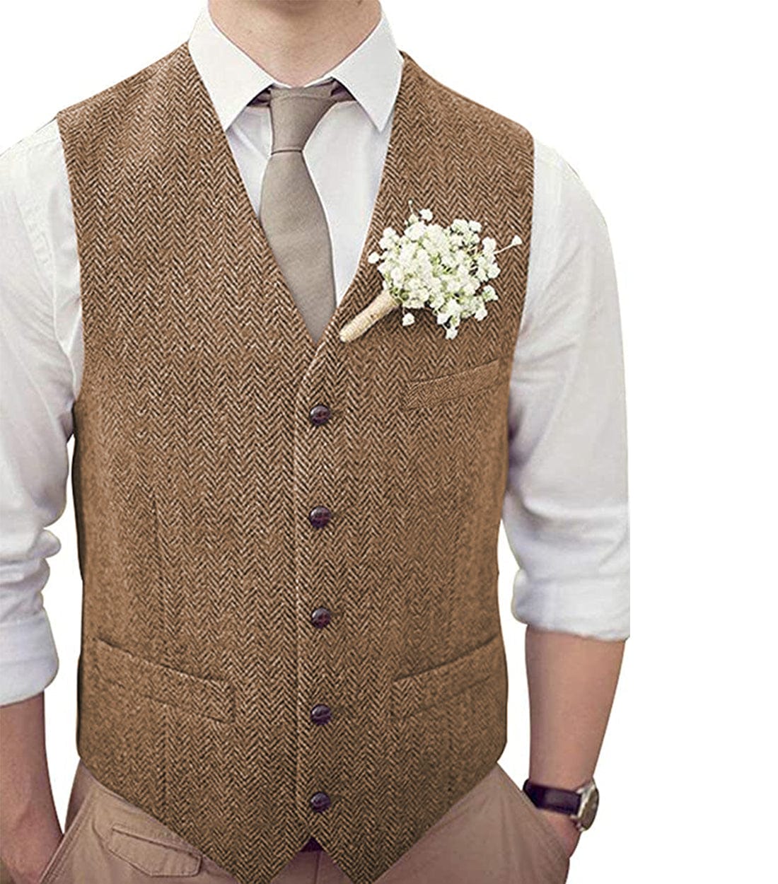aesido Formal Men's Suit Vest Herringbone V Neck Waistcoat for Wedding