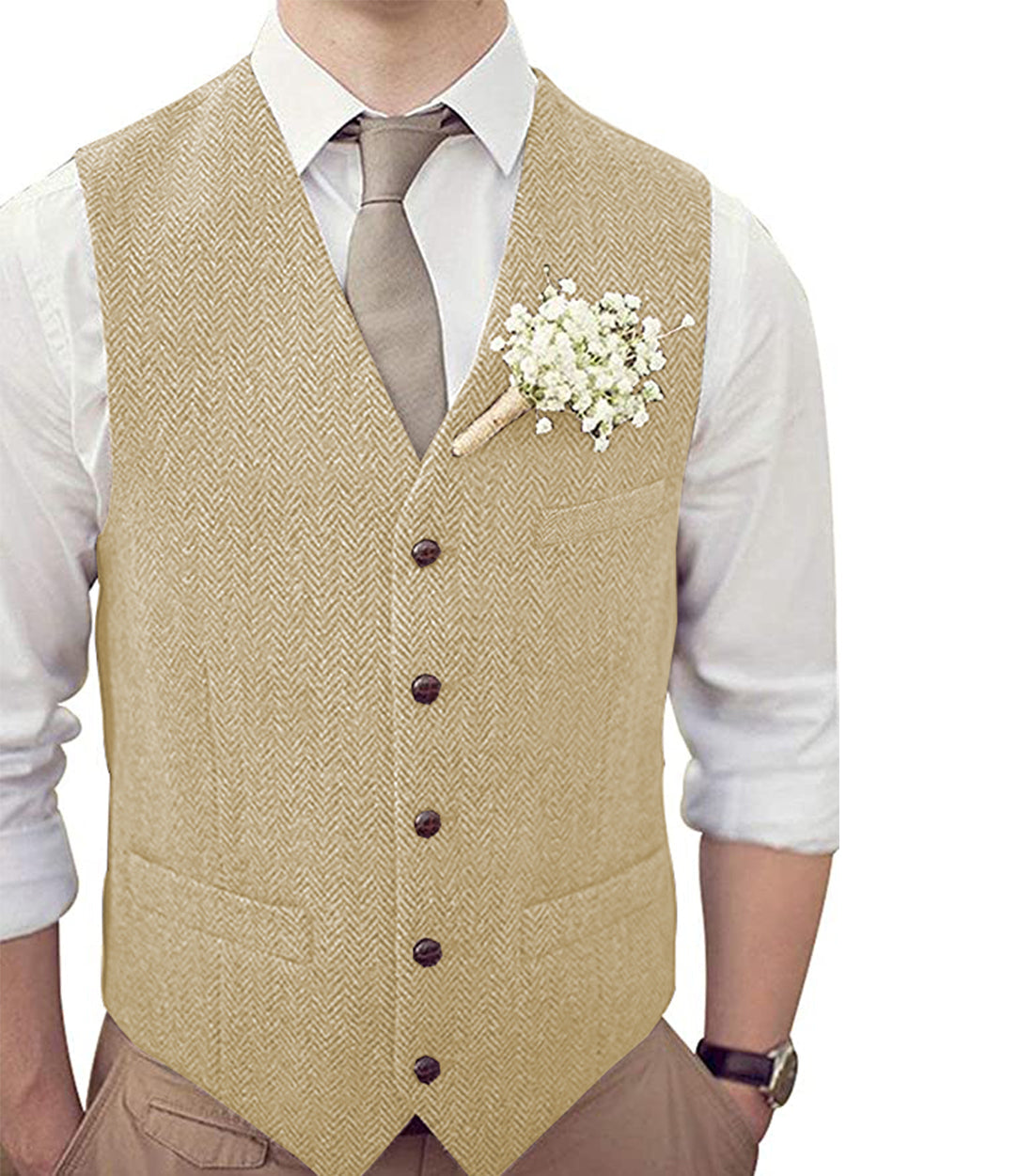 Formal Men's Suit Vest Herringbone V Neck Waistcoat for Wedding | Aesido Champagne / S Formal Men's Suit Vest Herringbone V Neck Waistcoat for Wedding | Aesido Champagne / S