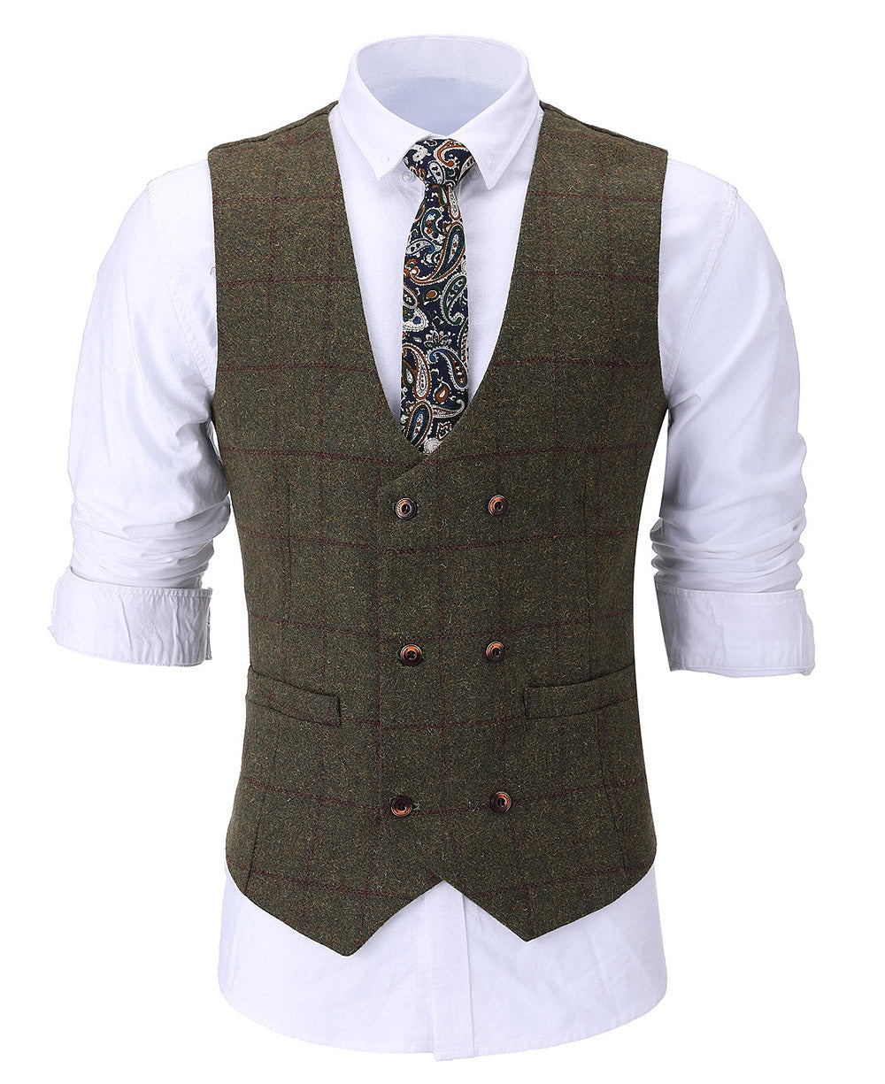 aesido Formal Men's Suit Vest Plaid Tweed U Neck Waistcoat
