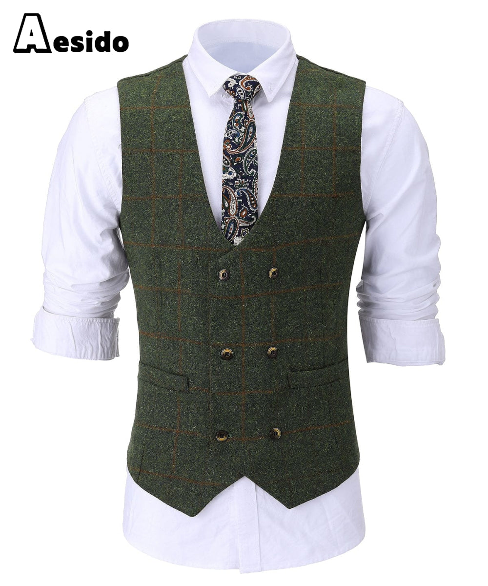 Formal Men s Suit Vest Plaid Tweed U Neck Waistcoat
