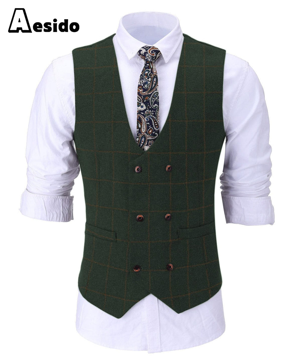 Formal Men's Suit Vest Plaid Tweed U Neck Waistcoat | Aesido Hunt Green / XL Formal Men's Suit Vest Plaid Tweed U Neck Waistcoat | Aesido Hunt Green / XL