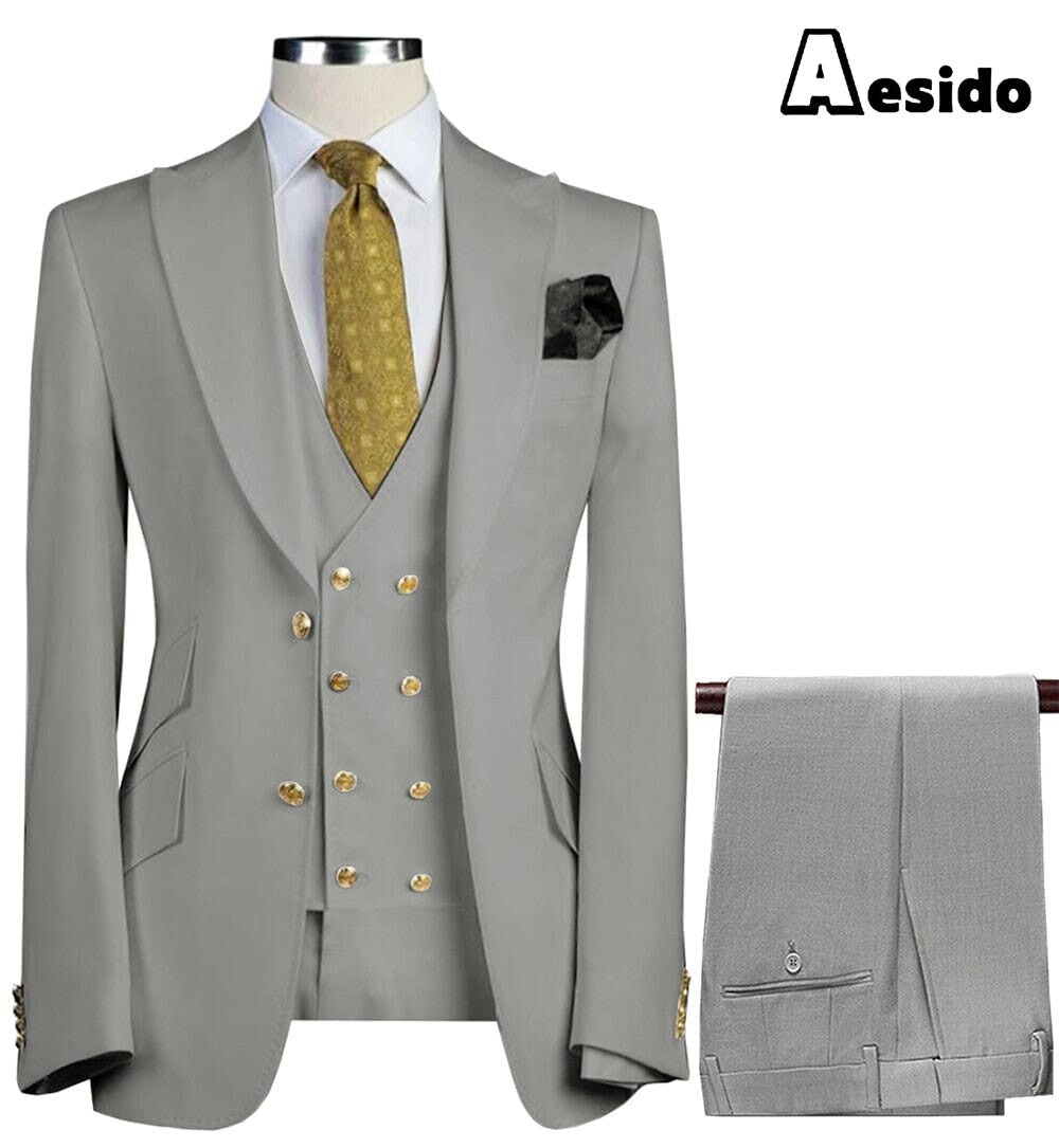 aesido Formal Peak Lapel 3 Pieces Mens Suit For Wedding Tuxedos (Blazer+vest+Pants)