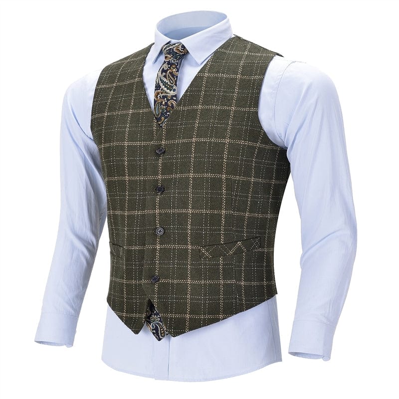 Formal Slim Fit Suit Vest Army Green Plaid V Neck Waistcoat | Aesido Army Green / 3XL Formal Slim Fit Suit Vest Army Green Plaid V Neck Waistcoat | Aesido Army Green / 3XL