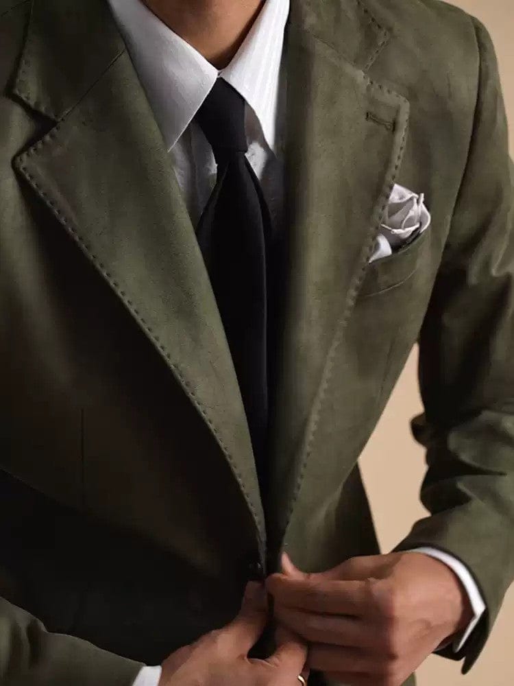 Green Vintage Suede Jacket Business Casual Notch Lapel Men Blazer Army Green / 36R Green Vintage Suede Jacket Business Casual Notch Lapel Men Blazer Army Green / 36R