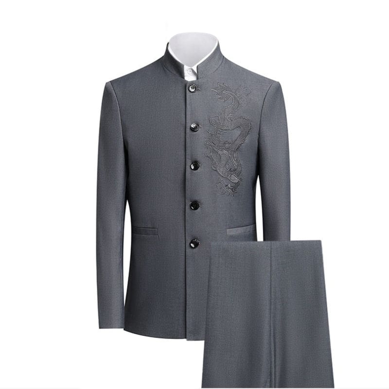 aesido Grey Men's Slim Fit Zhongshan Suit Groom Wedding Dress