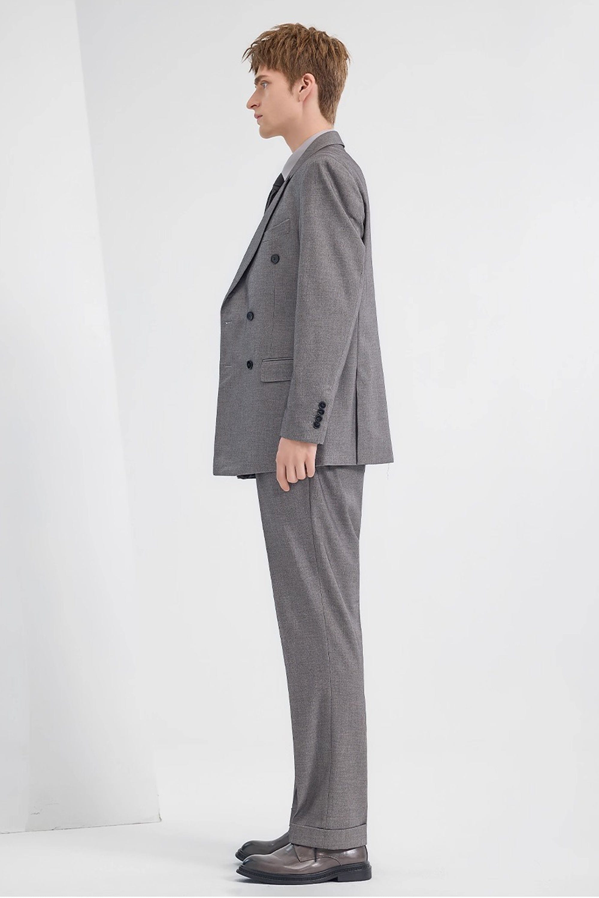 aesido Grey Men's Two-Piece Suit Double-Breasted Blazer and Trousers