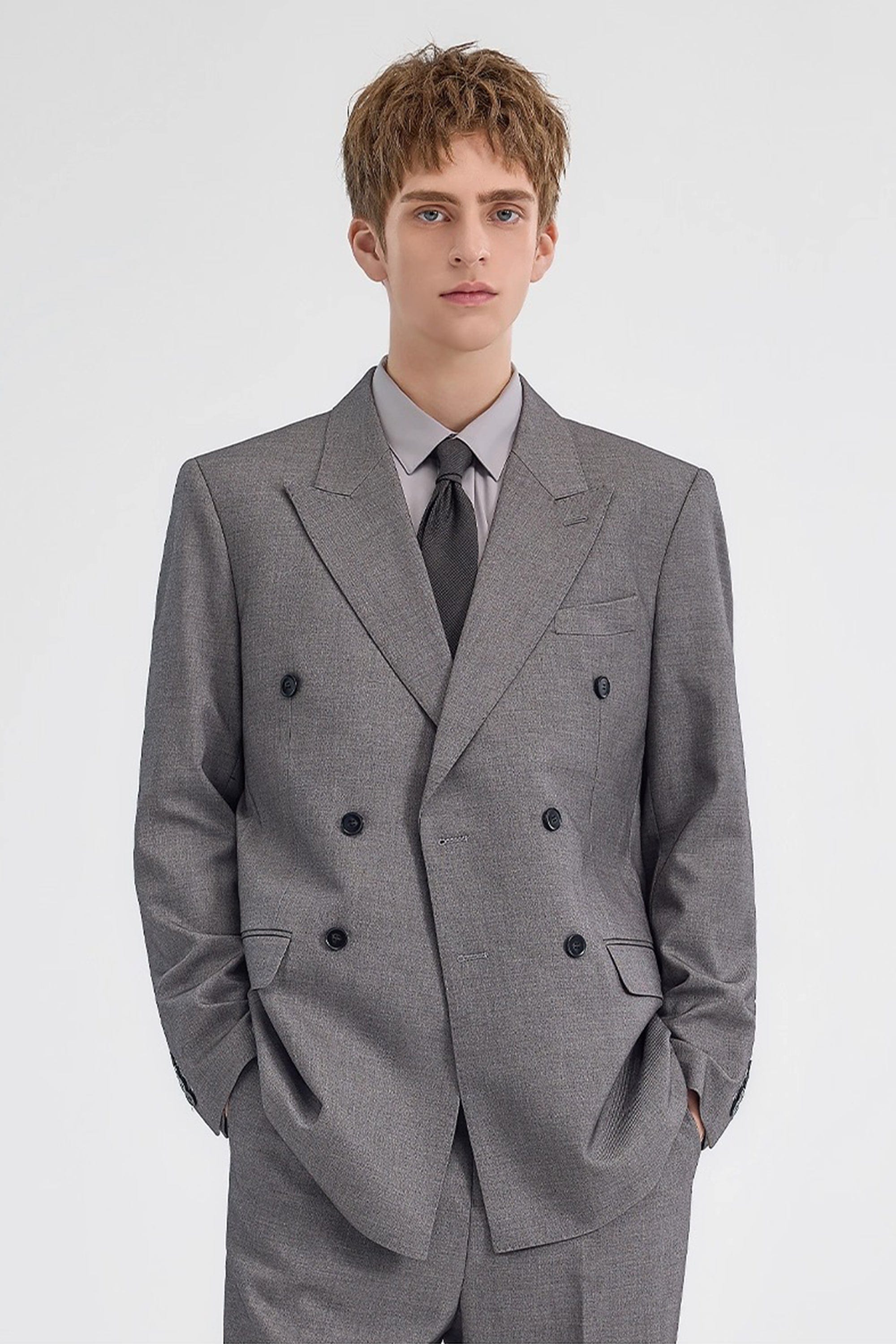 aesido Grey Men's Two-Piece Suit Double-Breasted Blazer and Trousers