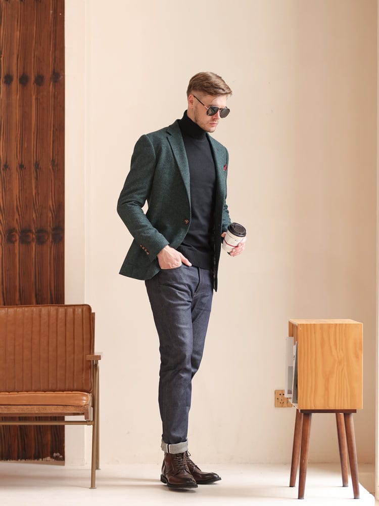 aesido Grey Solid Color Slim Fit Vintage Wool Casual Men's Blazer