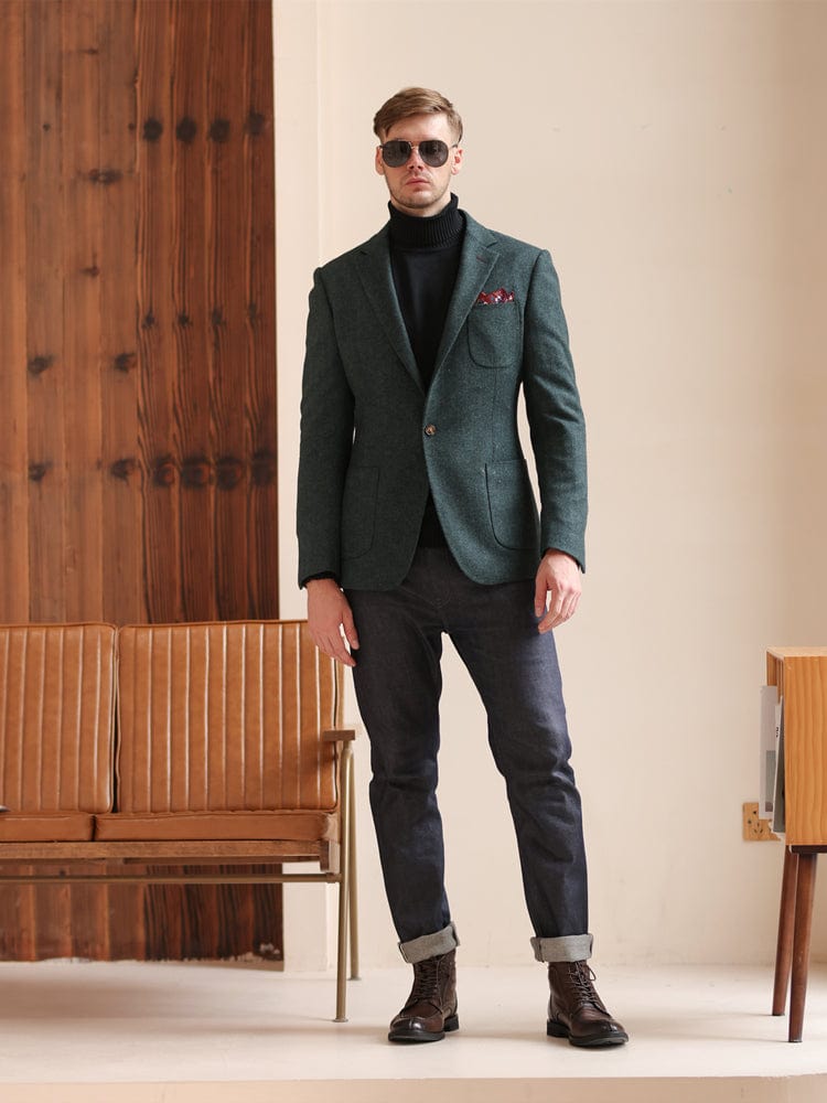 aesido Grey Solid Color Slim Fit Vintage Wool Casual Men's Blazer