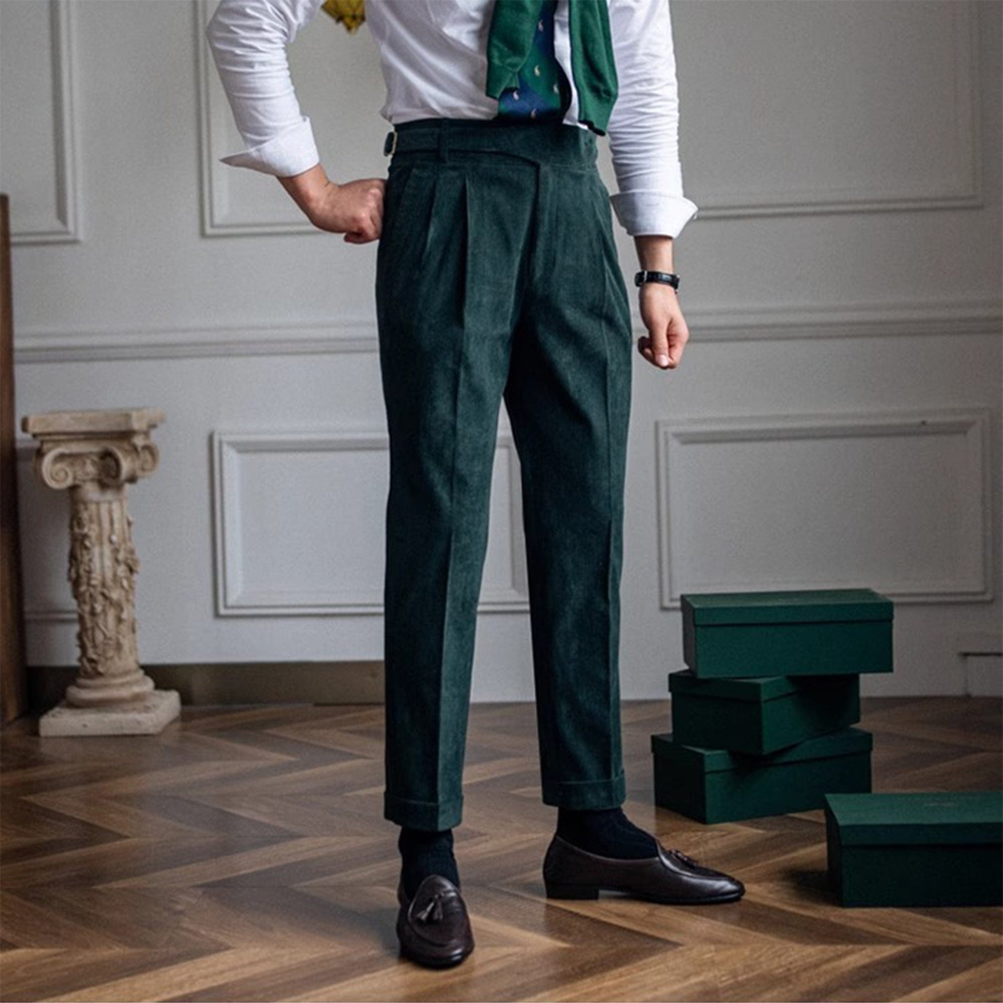 aesido Hunter Green Retro High-Waisted Straight-Leg Curled Corduroy Men's Trousers