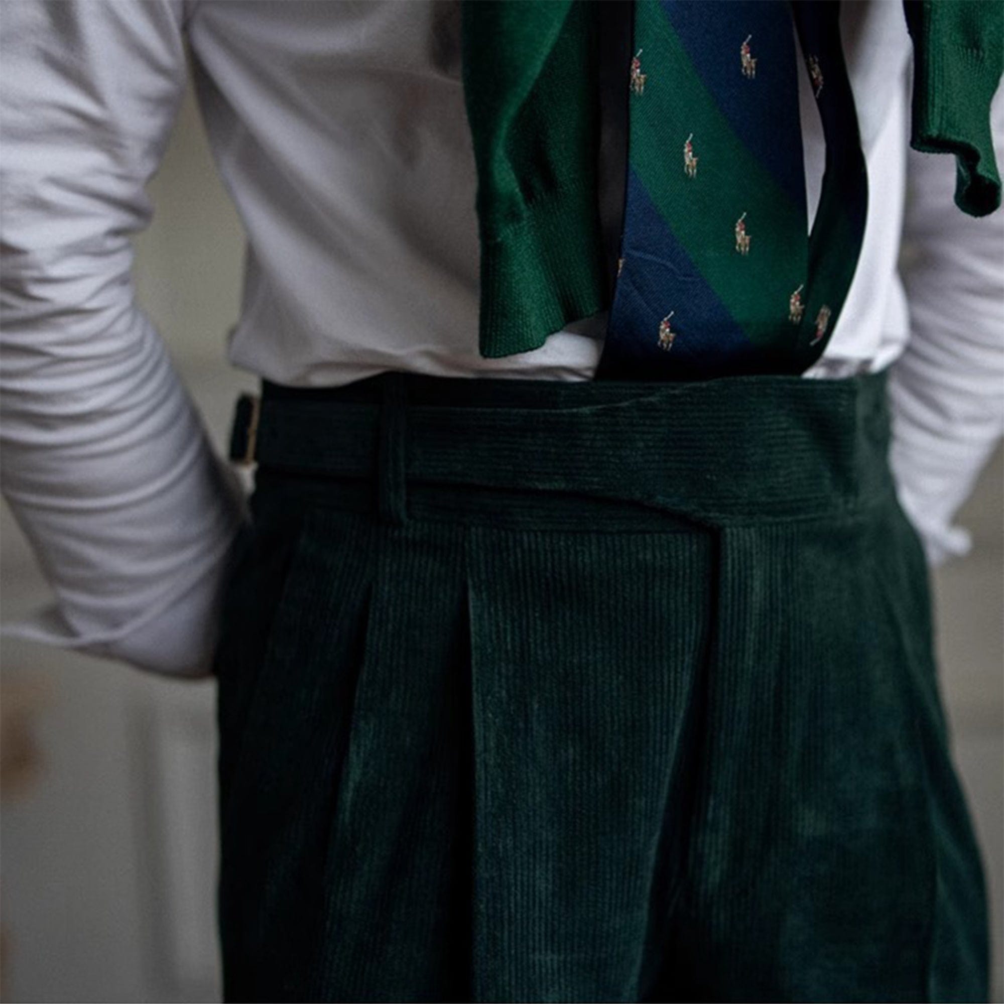 aesido Hunter Green Retro High-Waisted Straight-Leg Curled Corduroy Men's Trousers