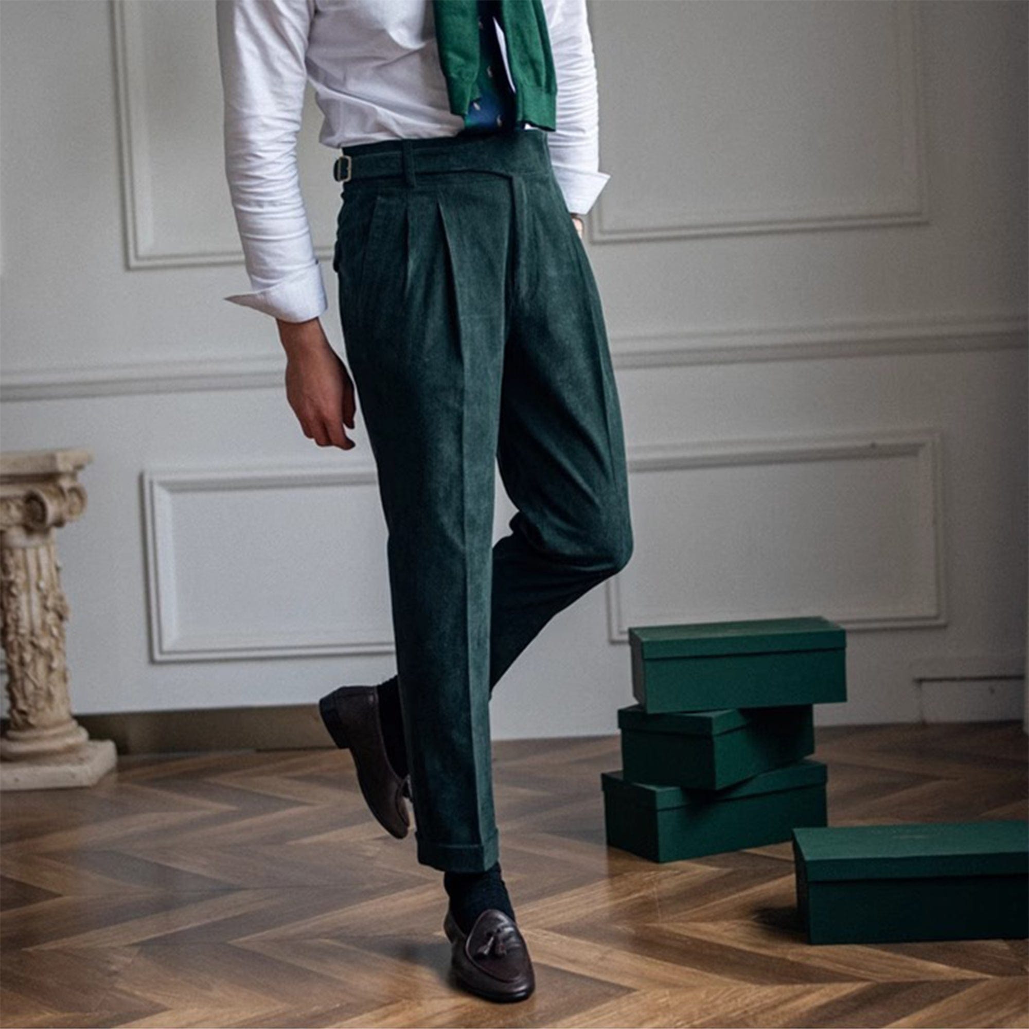 aesido Hunter Green Retro High-Waisted Straight-Leg Curled Corduroy Men's Trousers