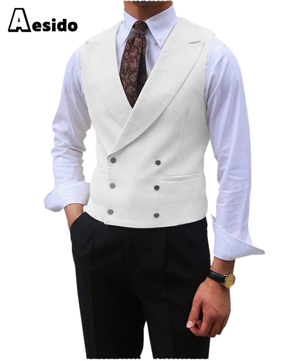 aesido Leisure Double Breasted Peak Lapel Men Waistcoat