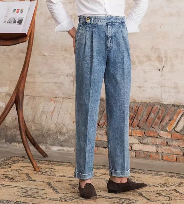 aesido Light Blue Men's Retro High Waist Denim Trousers