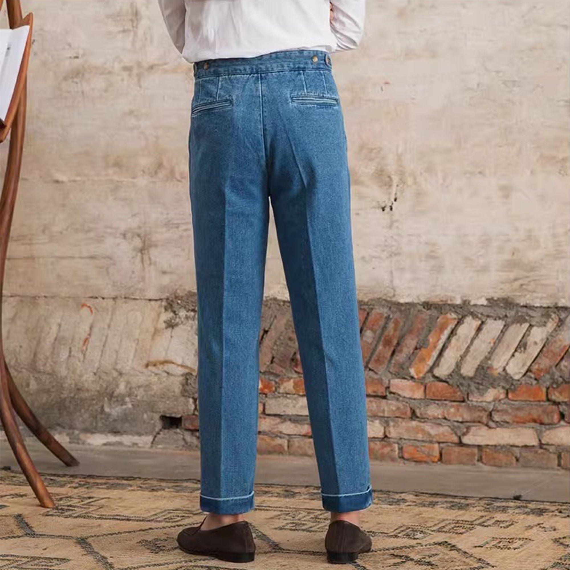 aesido Light Blue Men's Retro High Waist Denim Trousers