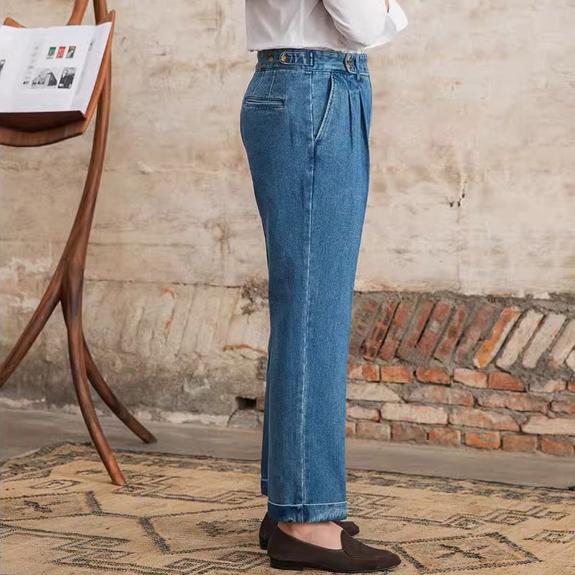 aesido Light Blue Men's Retro High Waist Denim Trousers