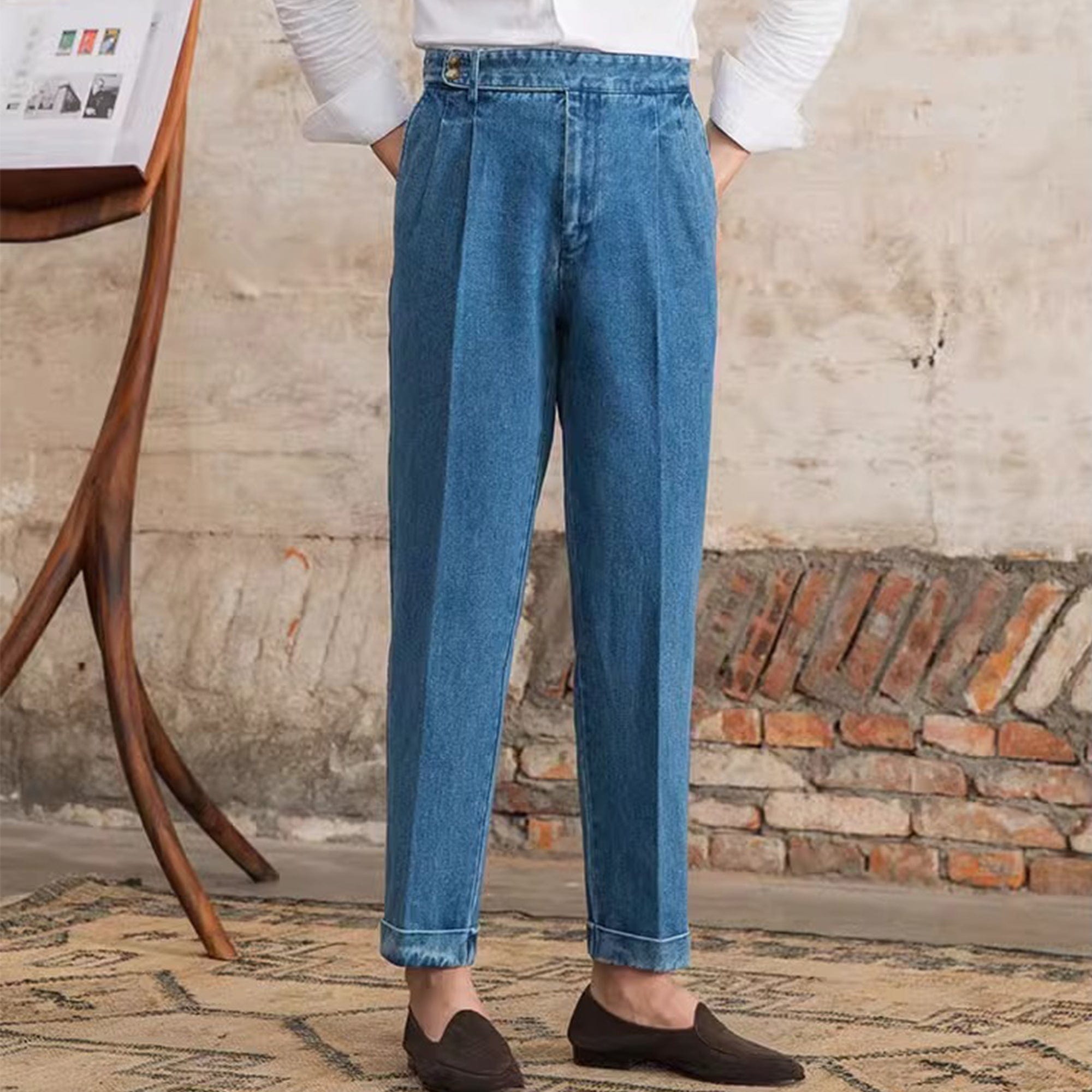 aesido Light Blue Men's Retro High Waist Denim Trousers