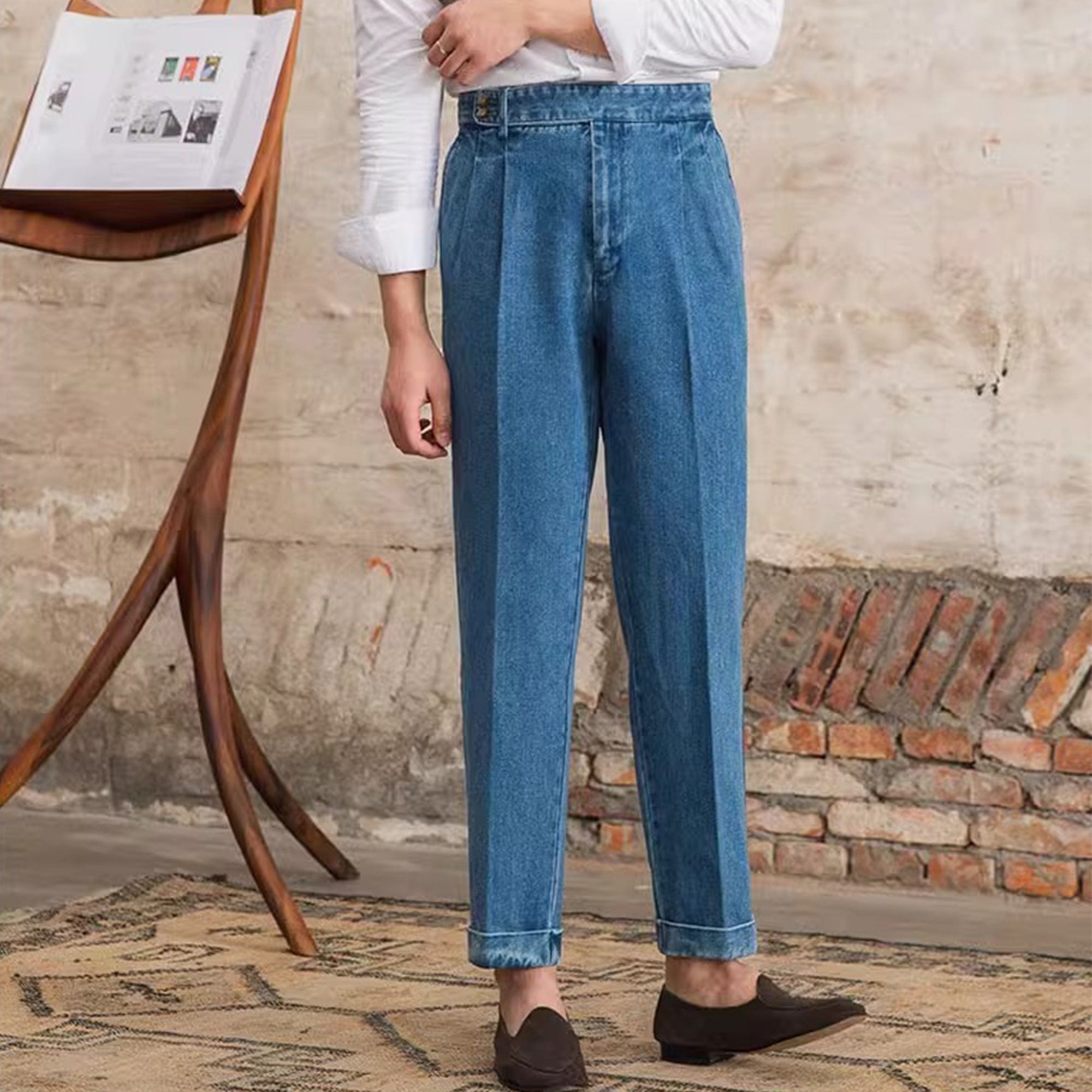 aesido Light Blue Men's Retro High Waist Denim Trousers