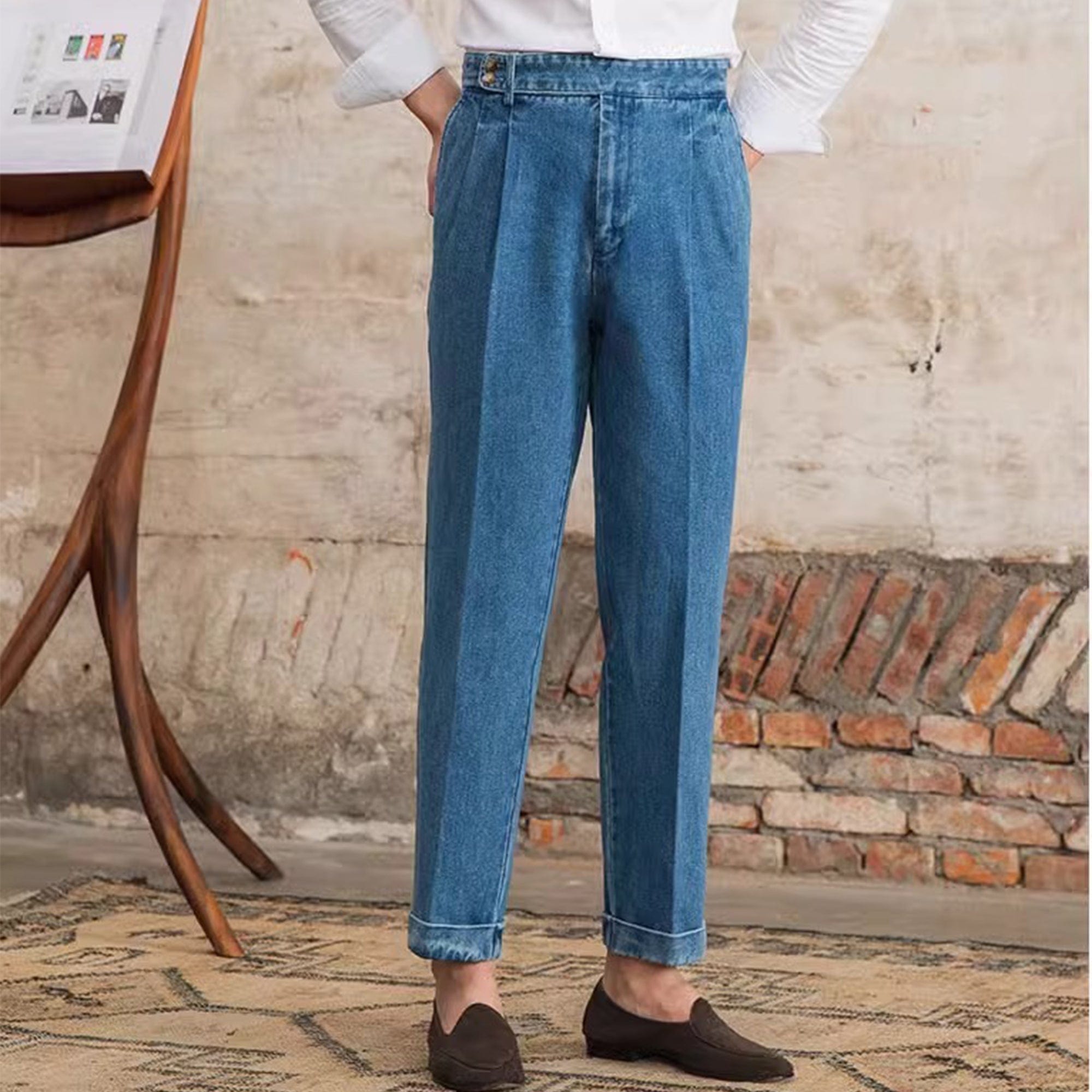 aesido Light Blue Men's Retro High Waist Denim Trousers