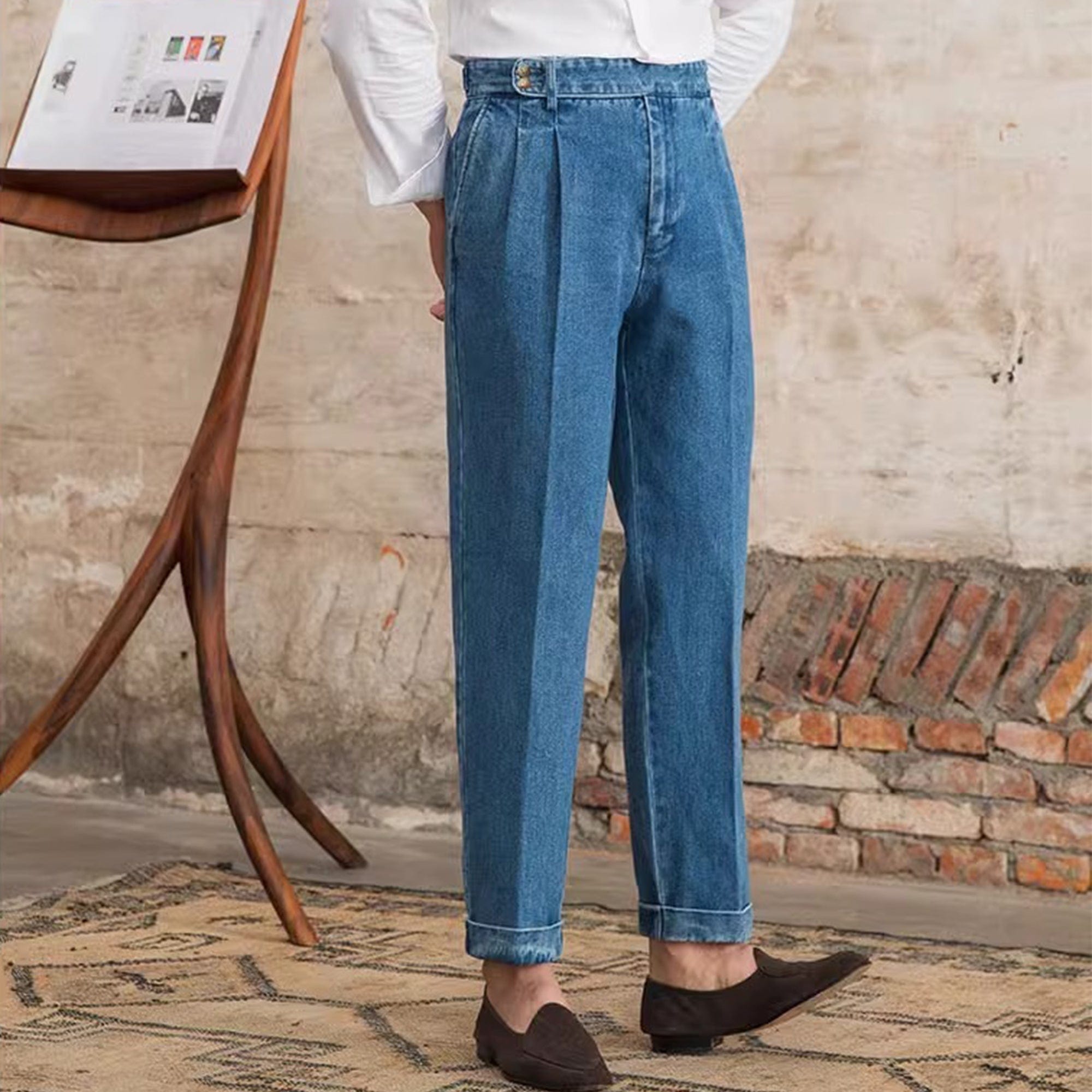 aesido Light Blue Men's Retro High Waist Denim Trousers