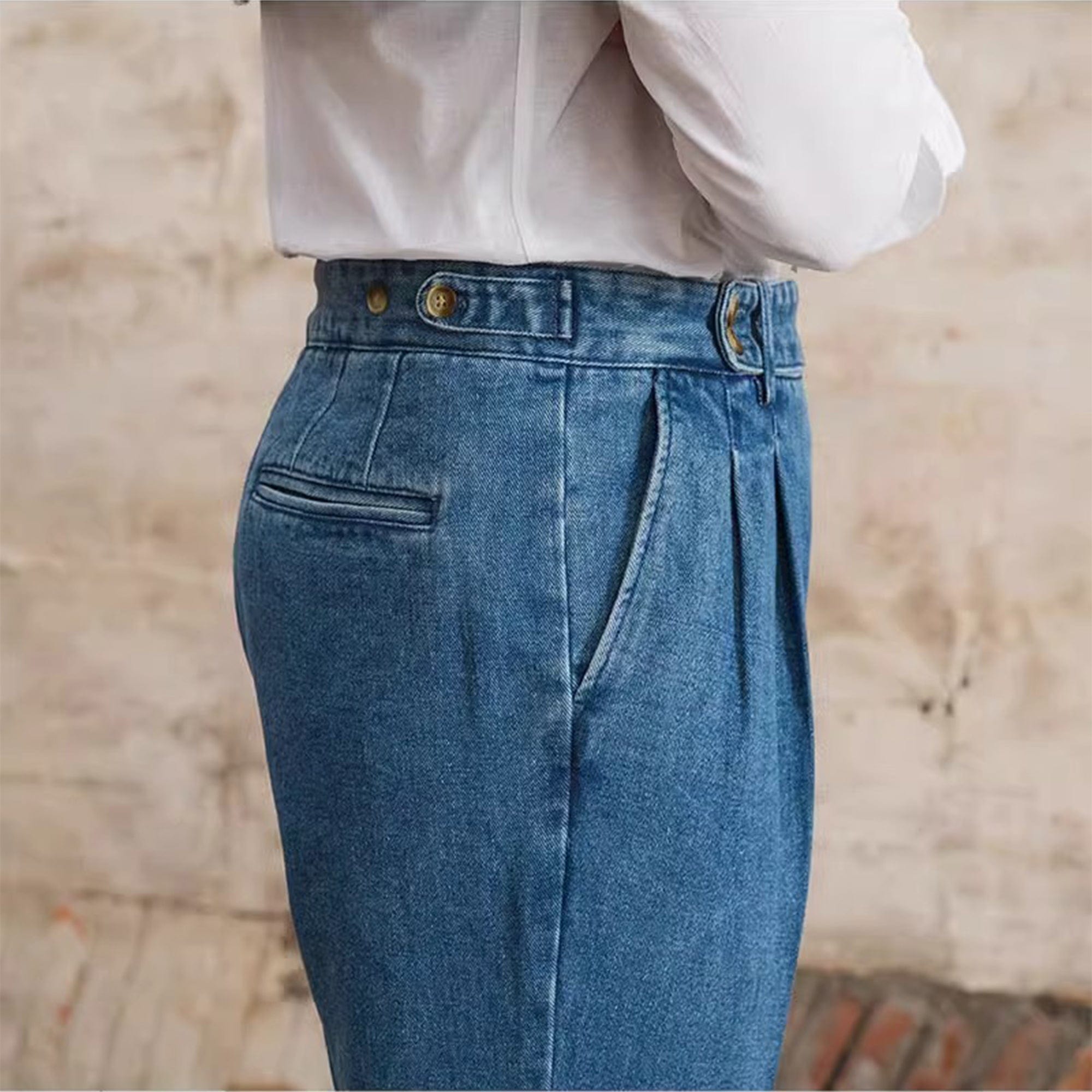 aesido Light Blue Men's Retro High Waist Denim Trousers