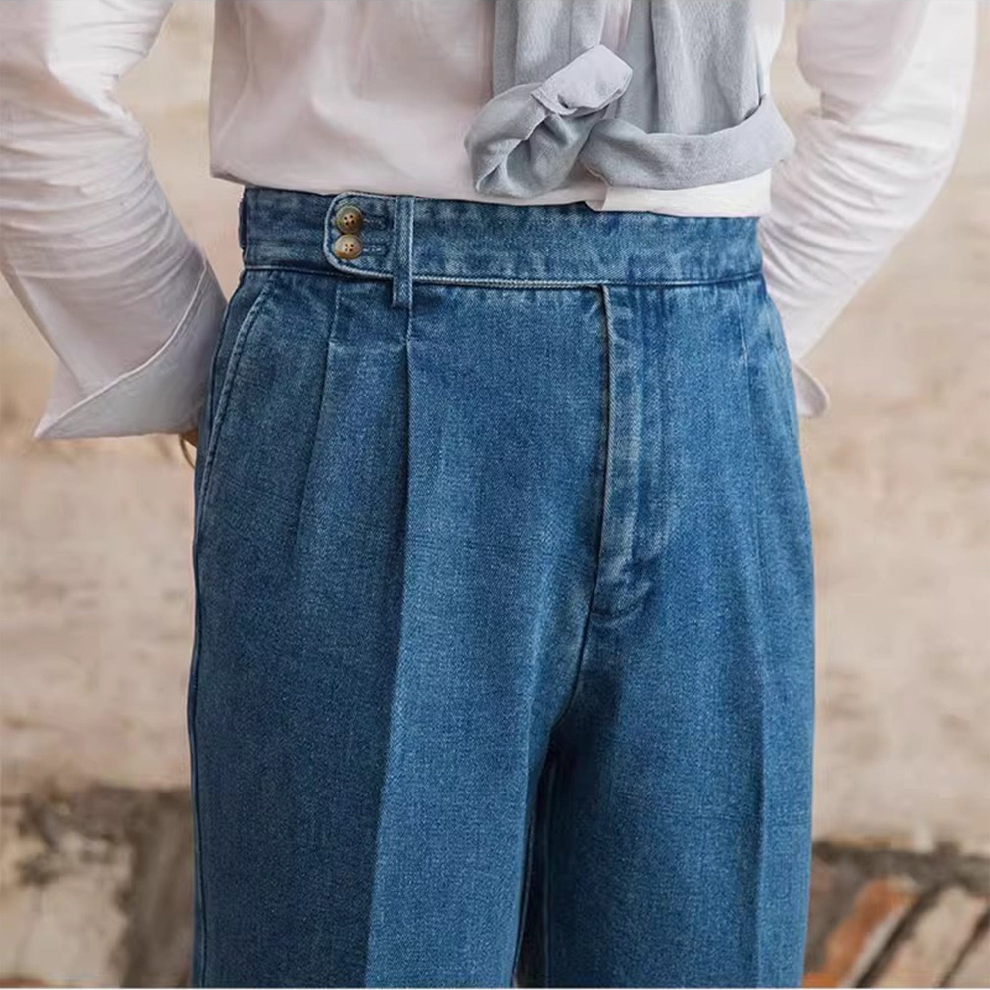 aesido Light Blue Men's Retro High Waist Denim Trousers