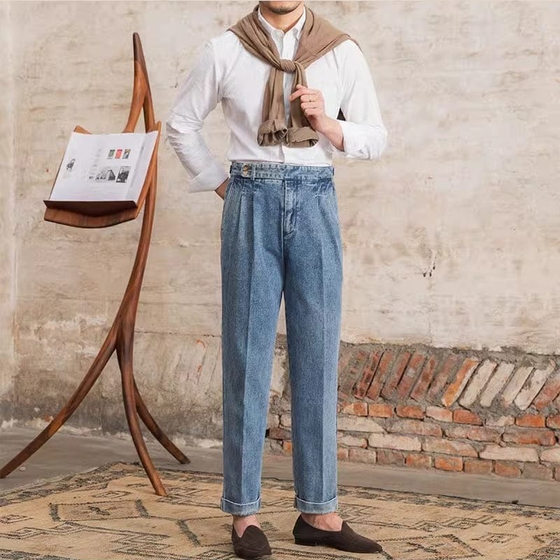 aesido Light Blue Men's Retro High Waist Denim Trousers