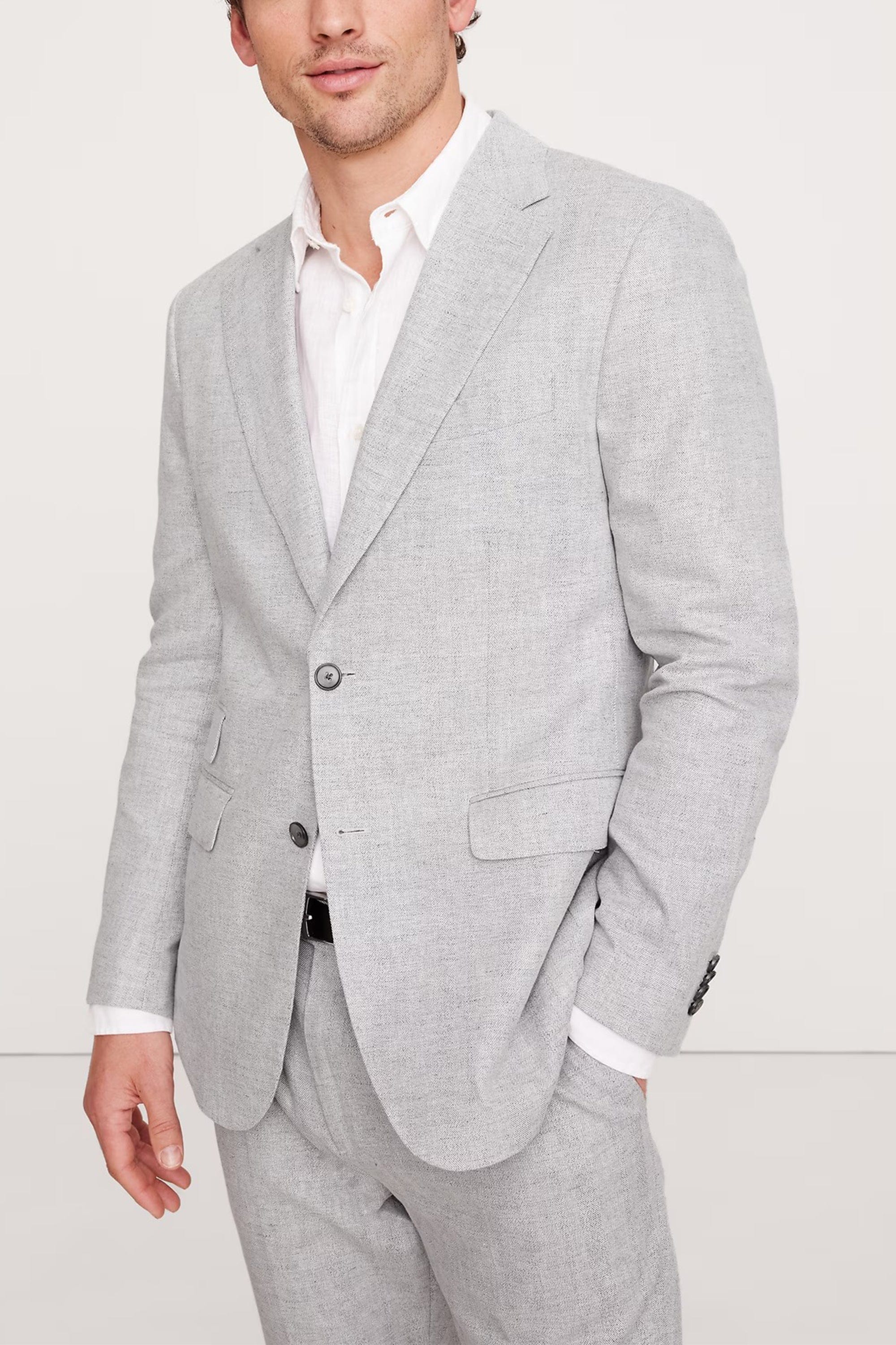 aesido Light Grey 2 Piece Herringbone Double Button Business Casual Men Suit (Blazer+Pants)
