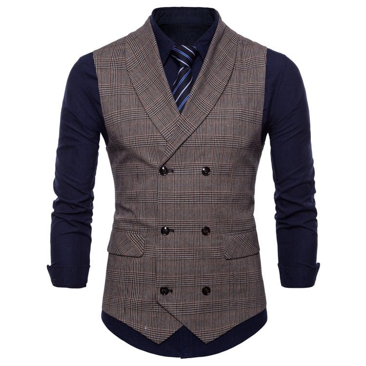 aesido Light Grey Plaid Double-Breasted Slim Fit Men's Vest