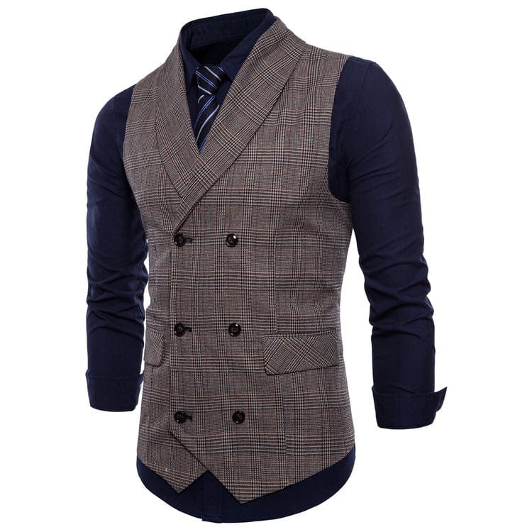 aesido Light Grey Plaid Double-Breasted Slim Fit Men's Vest