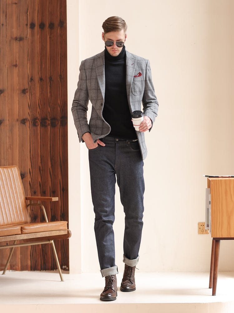 Light Grey Tweed Plaid Casual High-End Men's Blazer Light Grey / 44R Light Grey Tweed Plaid Casual High-End Men's Blazer Light Grey / 44R