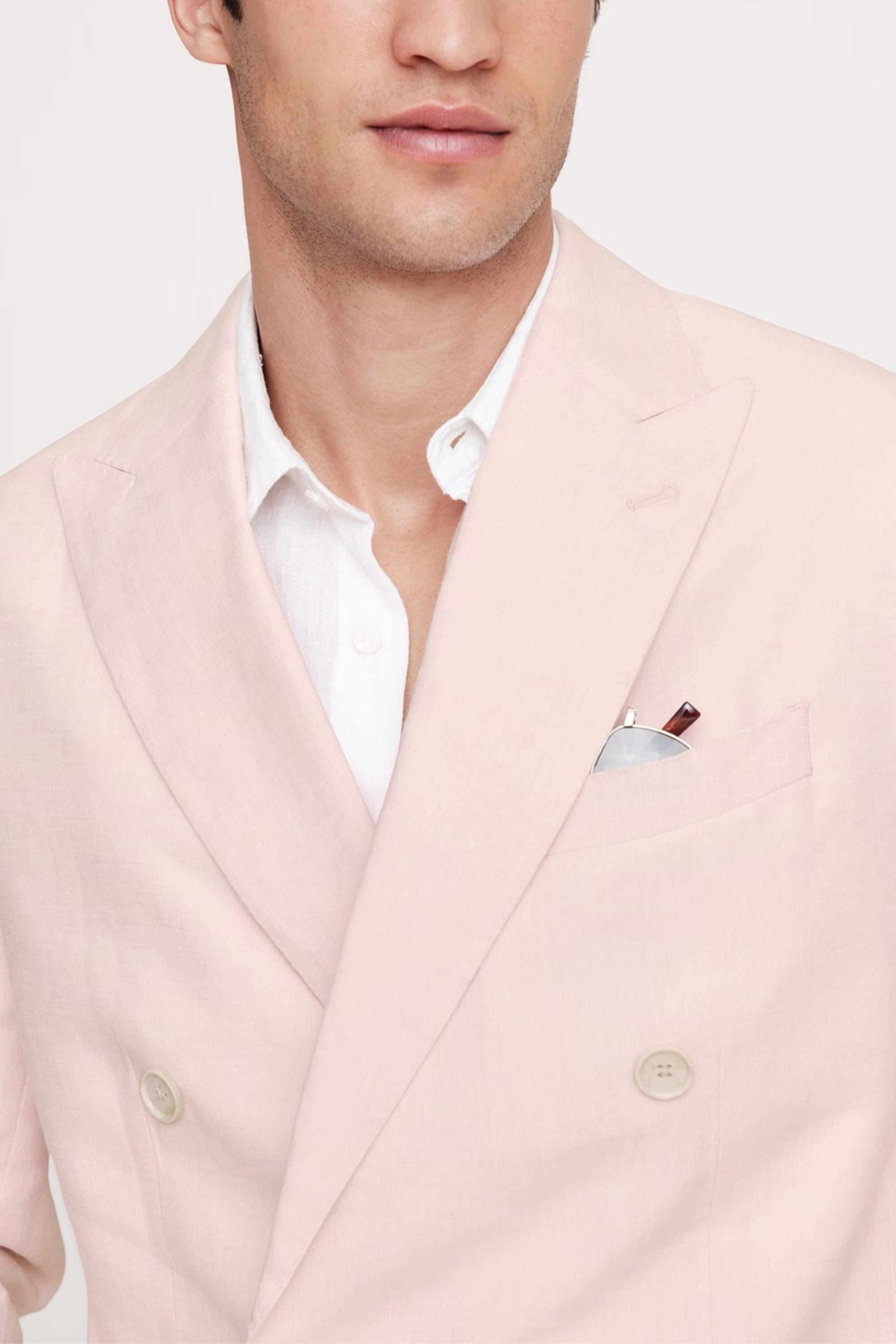 aesido Light Pink 2 Piece Summer Linen Double Breasted Business Casual Men Suit