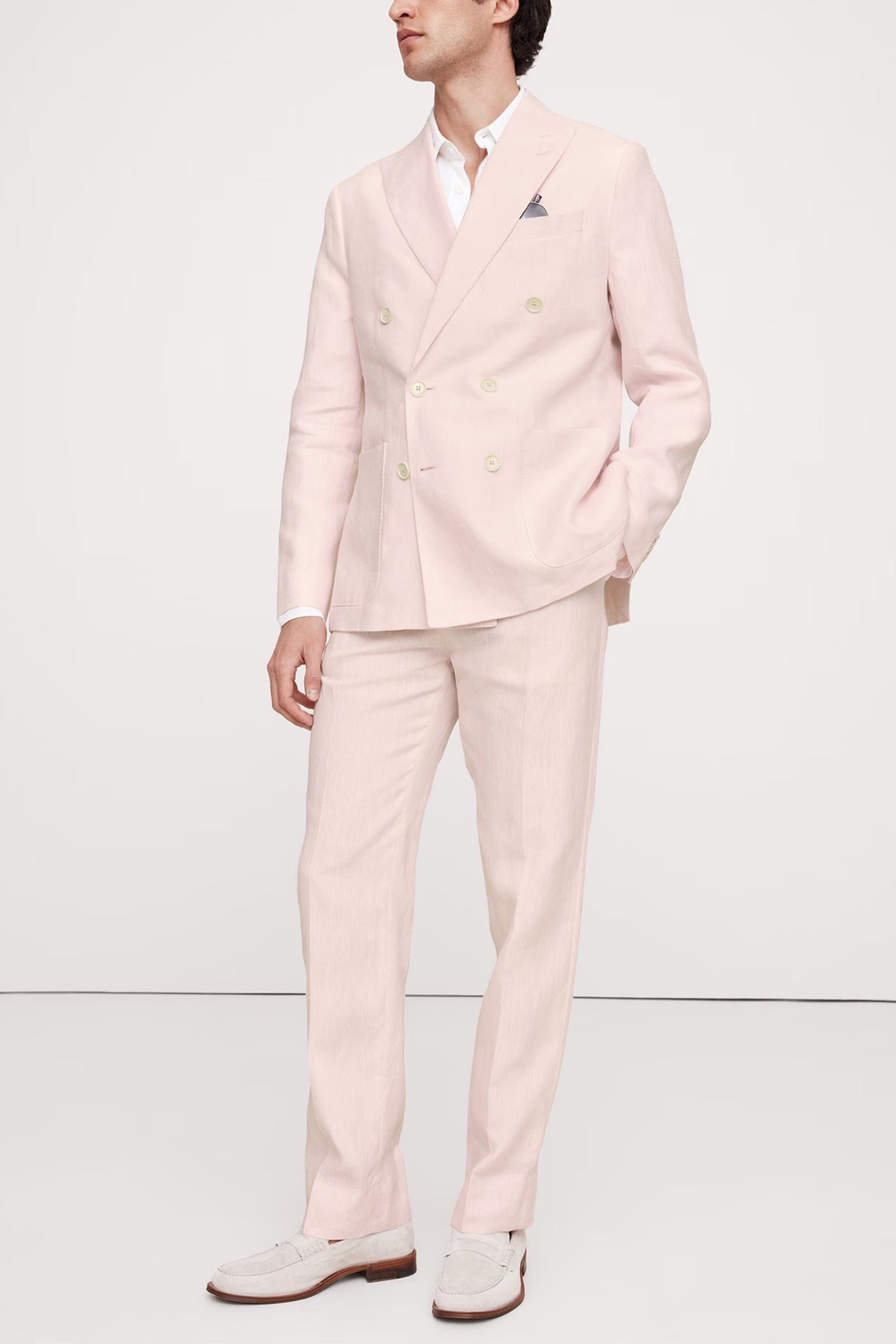 aesido Light Pink 2 Piece Summer Linen Double Breasted Business Casual Men Suit