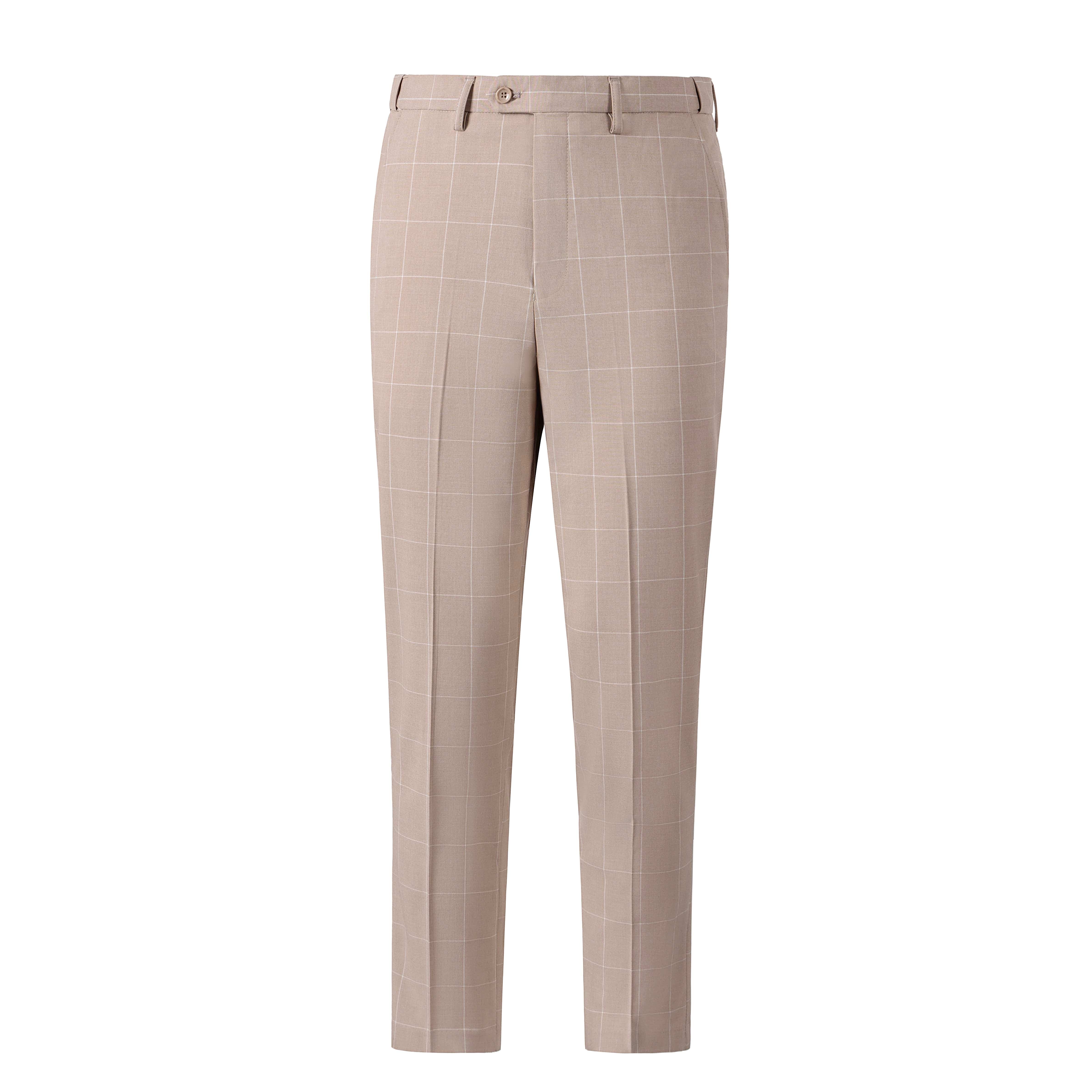 aesido Men's 3-Piece Beige Plaid Suit (Blazer+Vest+Pants)