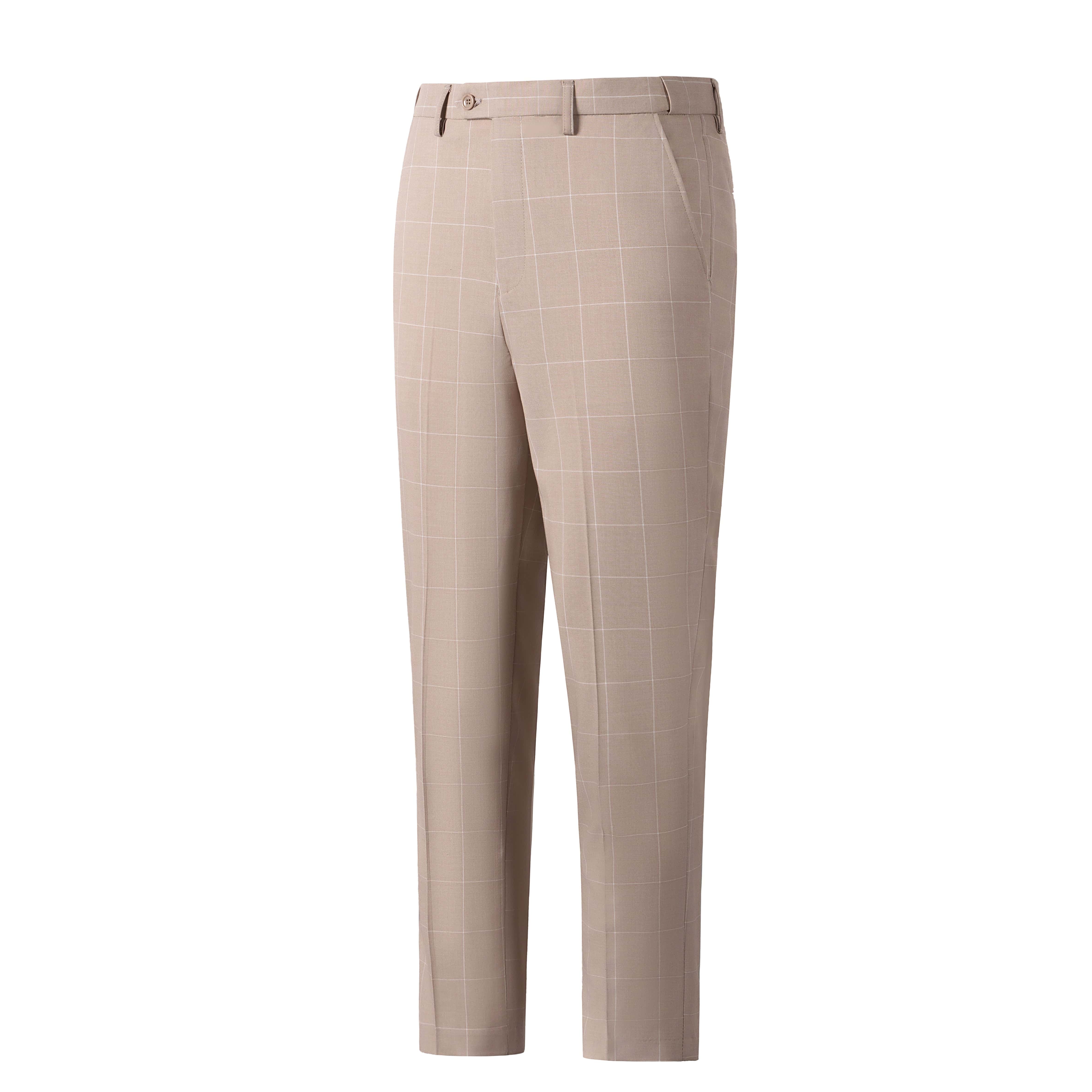 aesido Men's 3-Piece Beige Plaid Suit (Blazer+Vest+Pants)