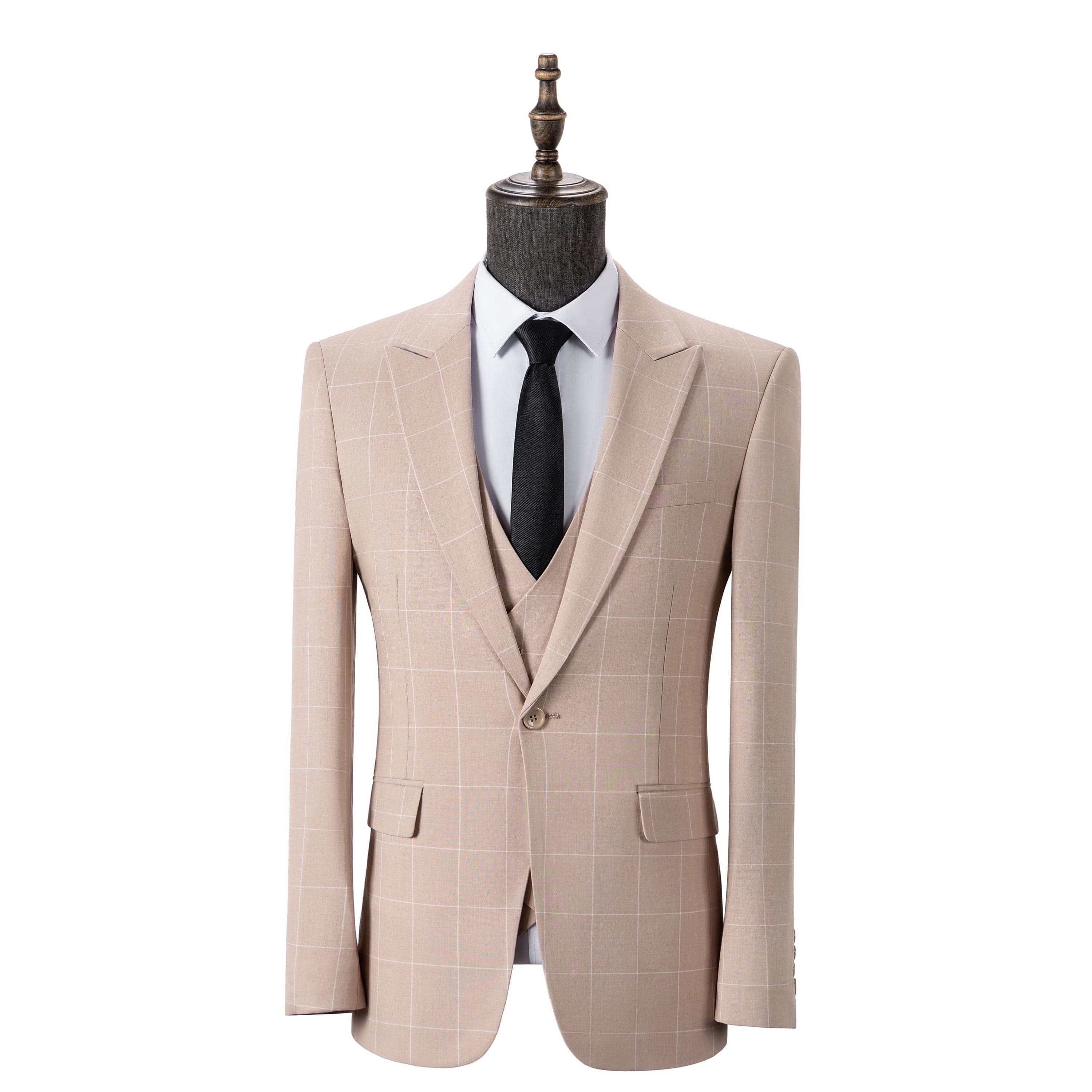 aesido Men's 3-Piece Beige Plaid Suit (Blazer+Vest+Pants)
