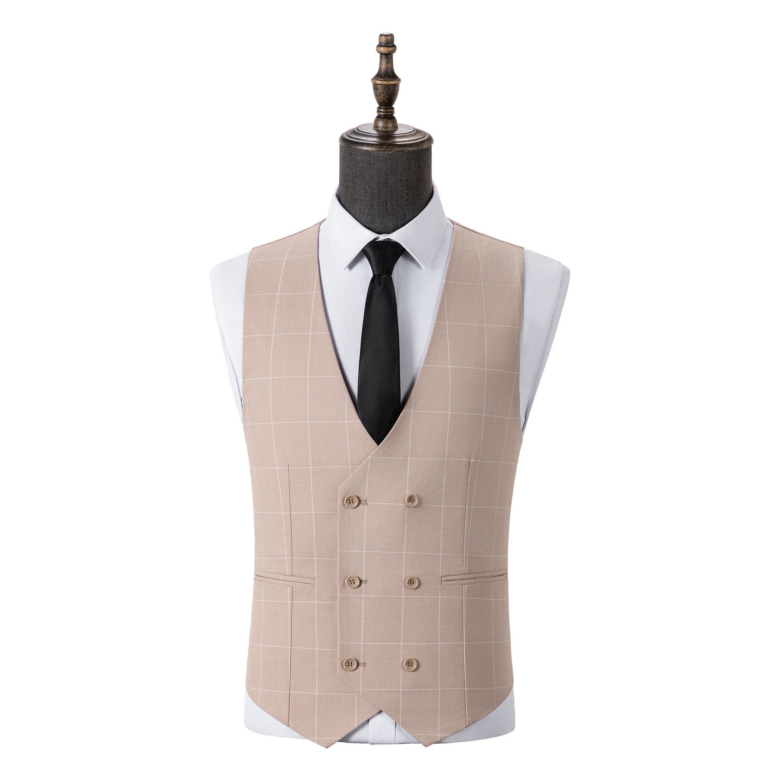 aesido Men's 3-Piece Beige Plaid Suit (Blazer+Vest+Pants)