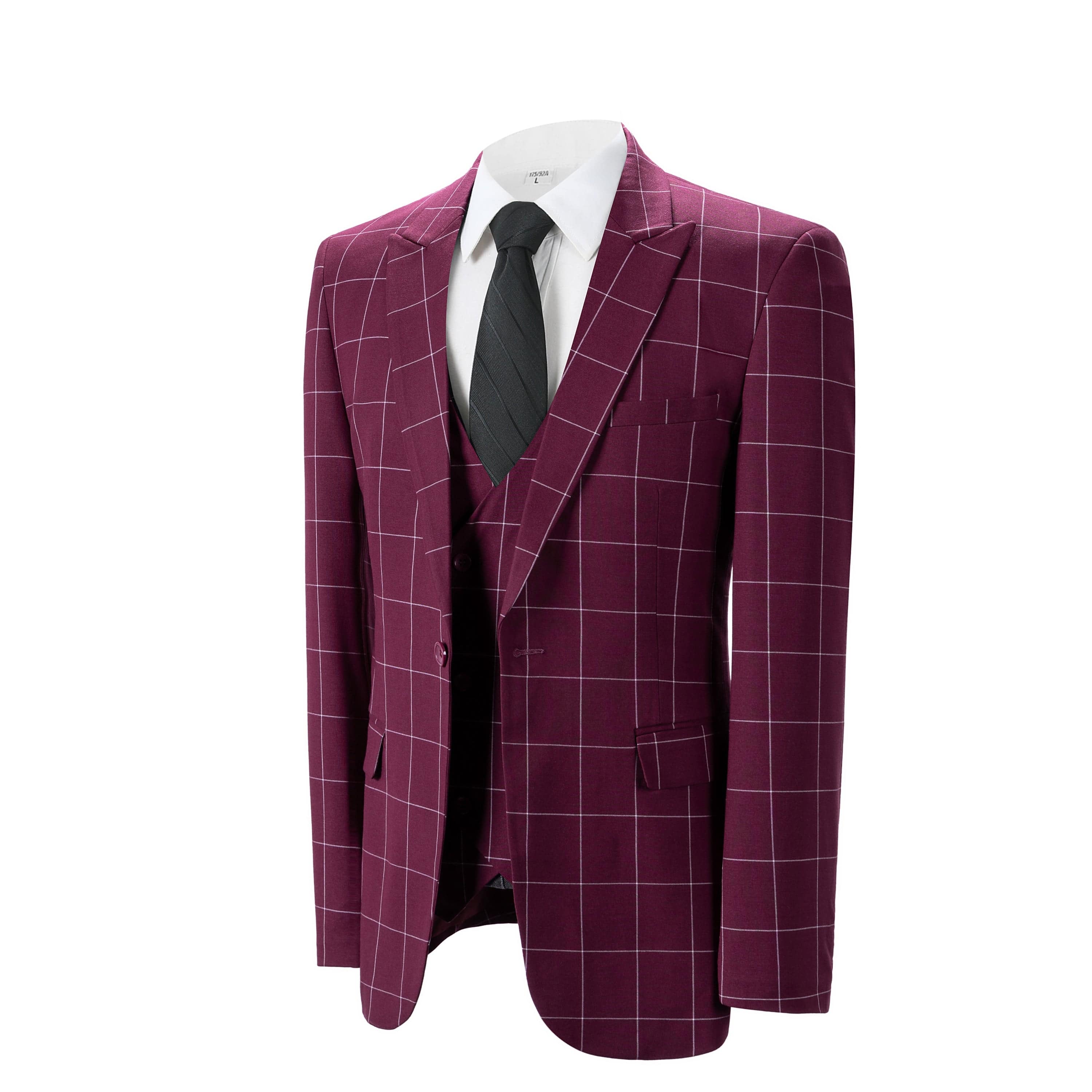 aesido Men's 3-Piece Burgundy Plaid Suit (Blazer+Vest+Pants)