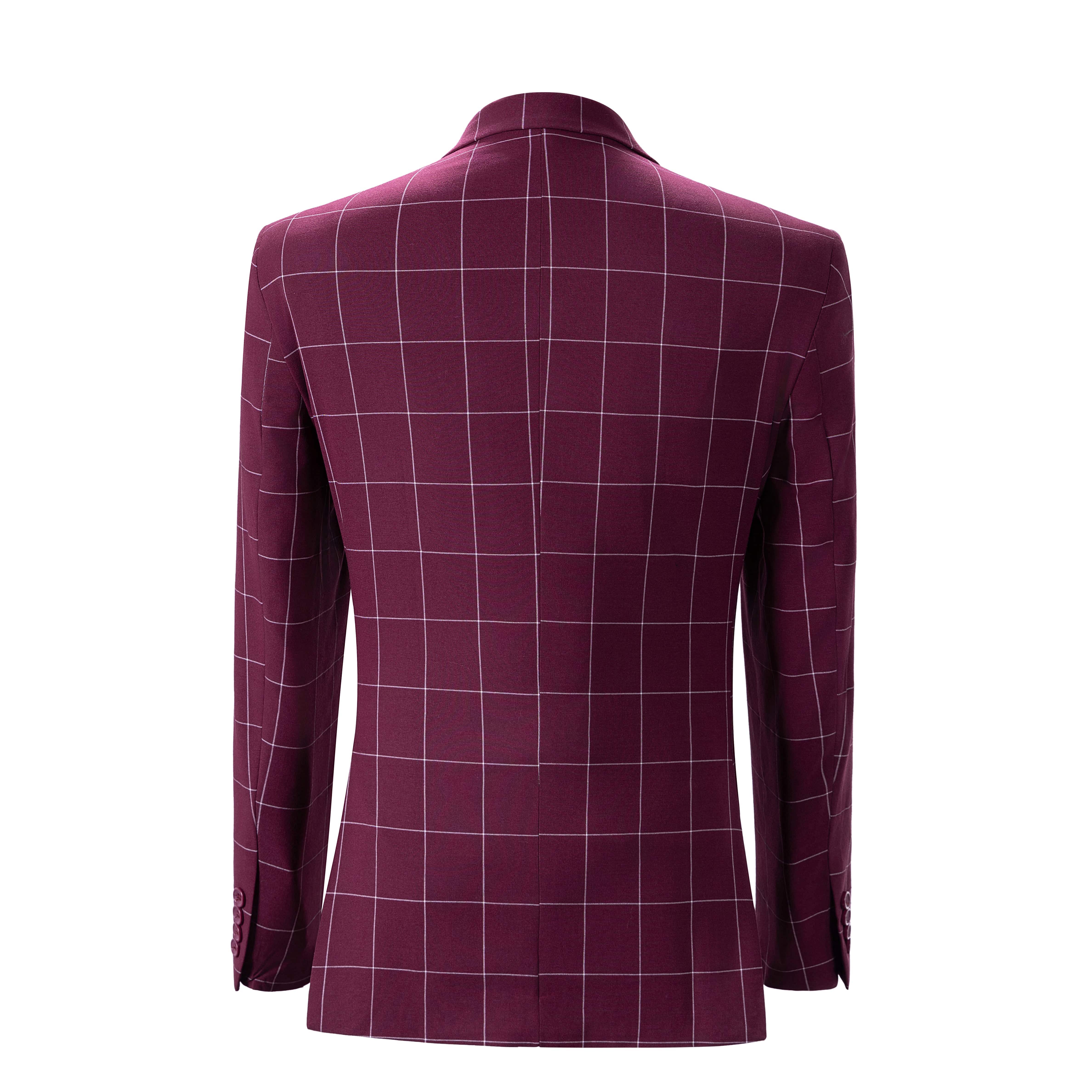 aesido Men's 3-Piece Burgundy Plaid Suit (Blazer+Vest+Pants)