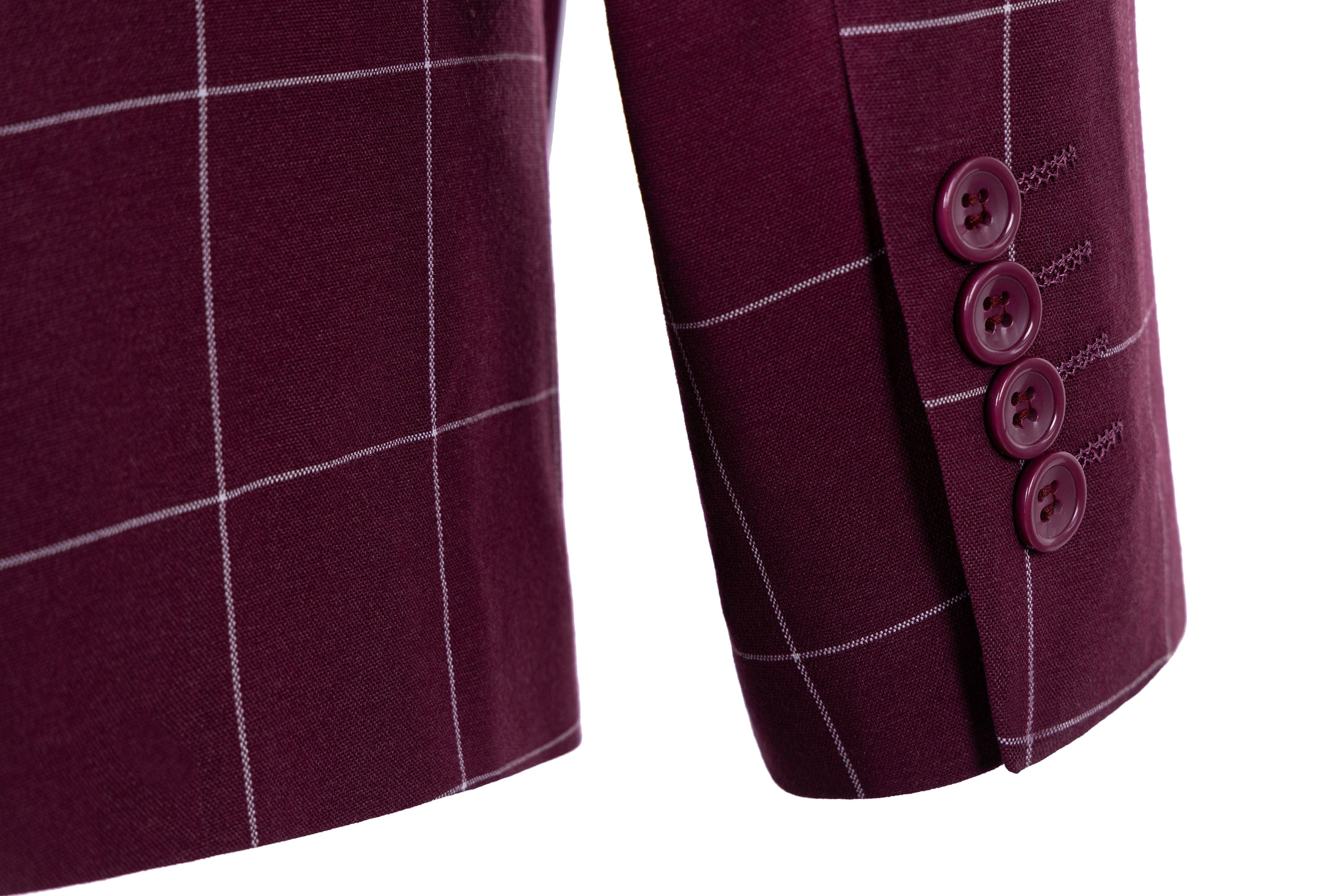 aesido Men's 3-Piece Burgundy Plaid Suit (Blazer+Vest+Pants)